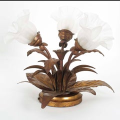 Art Nouveau Three-Light Lamp, in Copper and Golden Metal with Murano glass