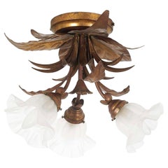 Art Nouveau Three-Light Lamp, in Copper and Golden Metal with Murano glass