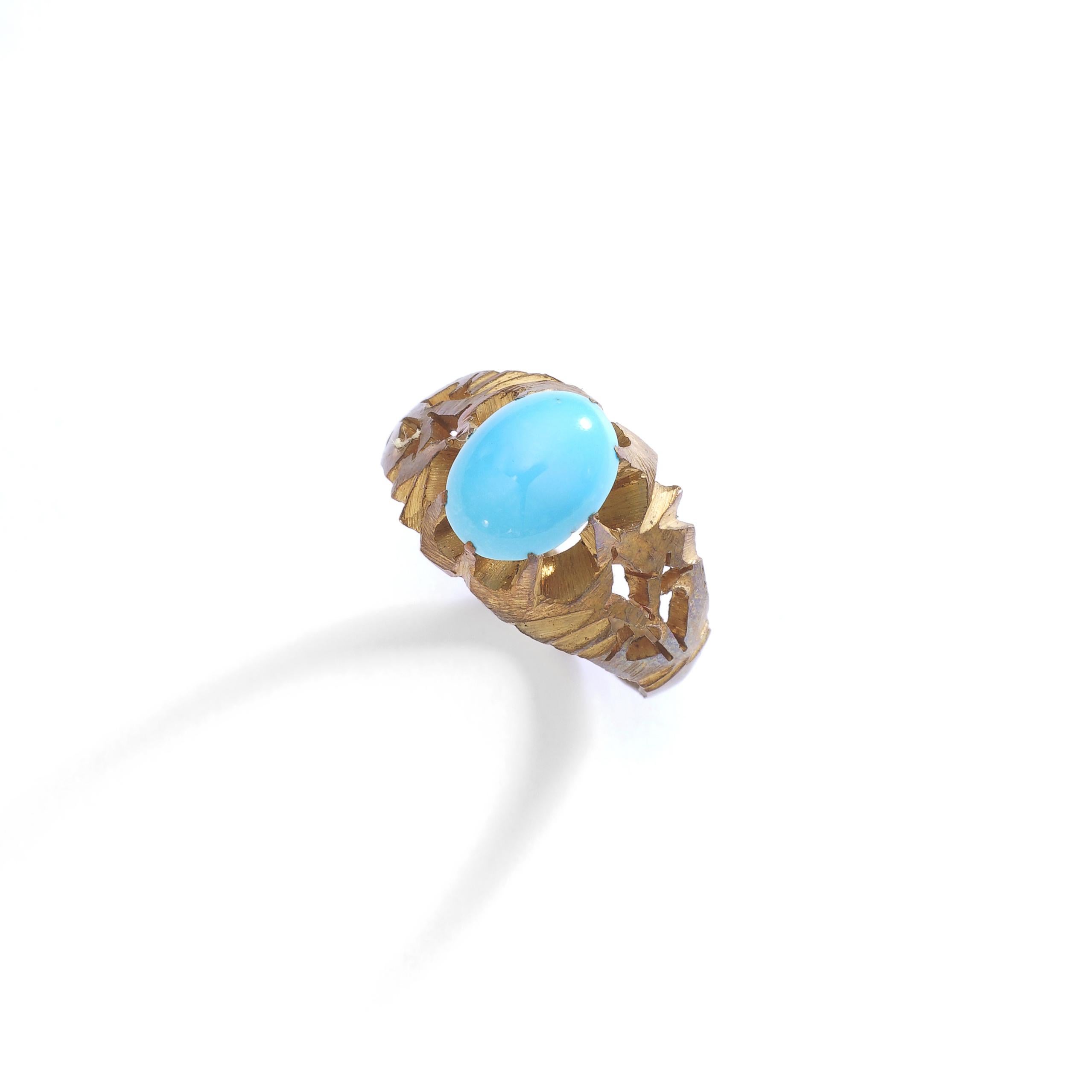 Those Three Natural Turquoise cabochon are each one mounted on brass engraved Art Nouveau rings.

Ring size respectively: 5 1/4, 5 1/4 and 7 US.
