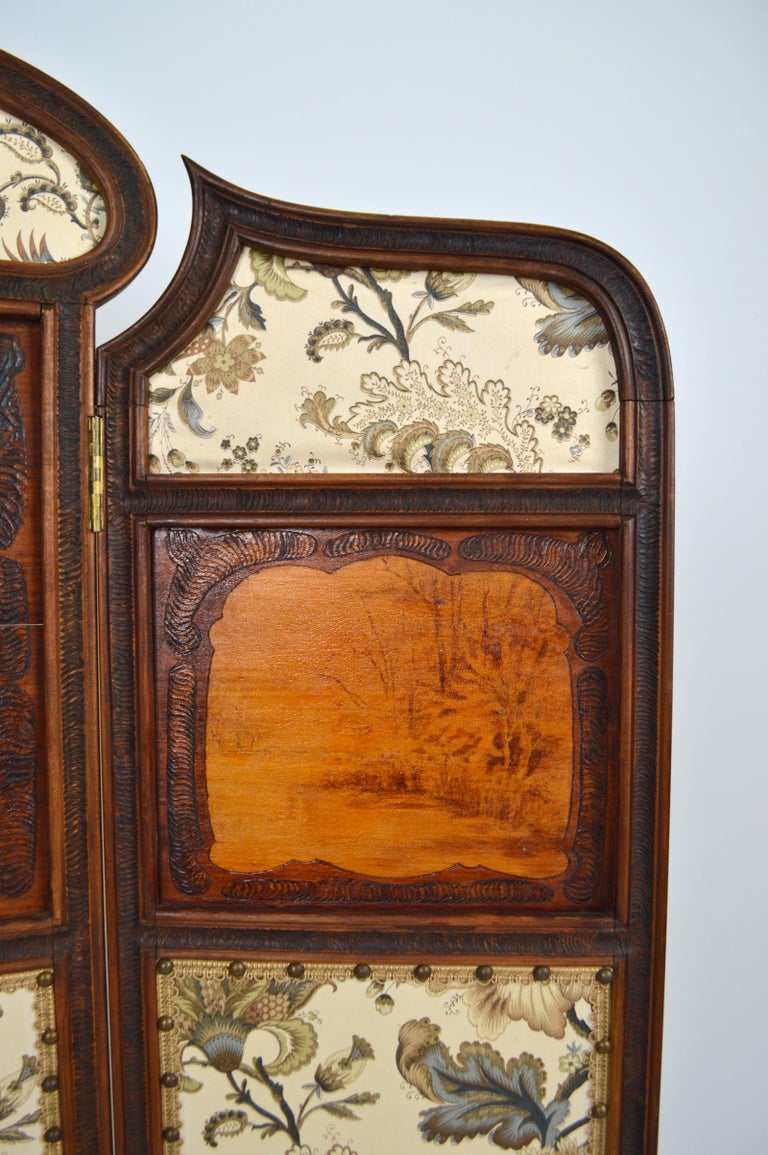 Art Nouveau ThreePanel Folding Screen or Room Divider in Carved Wood