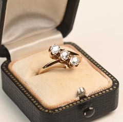 Art Nouveau Three Stone Ring. 0.90ct Old Mine Diamond 14k Yellow Gold J VS2-SI2