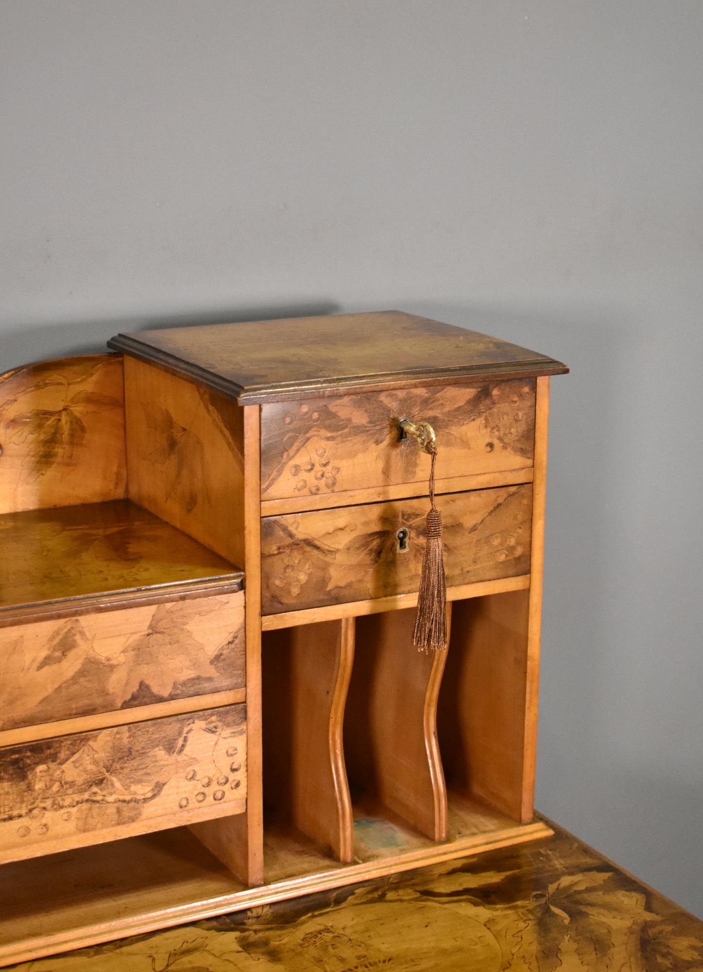 Art Nouveau Tiered Pyrography Etched Desk For Sale 3