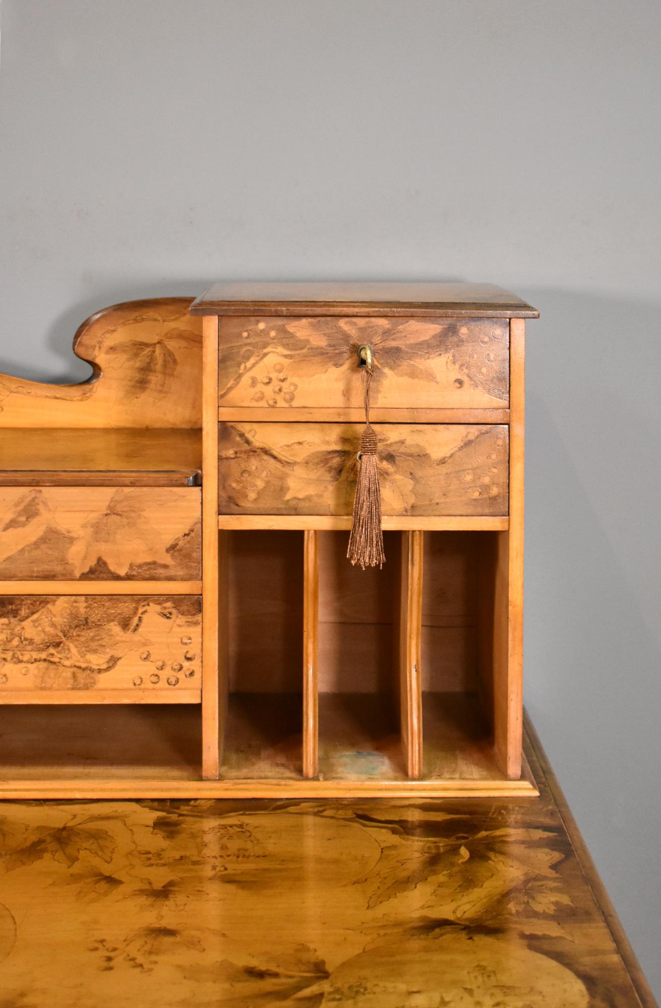 Art Nouveau Tiered Pyrography Etched Desk For Sale 4