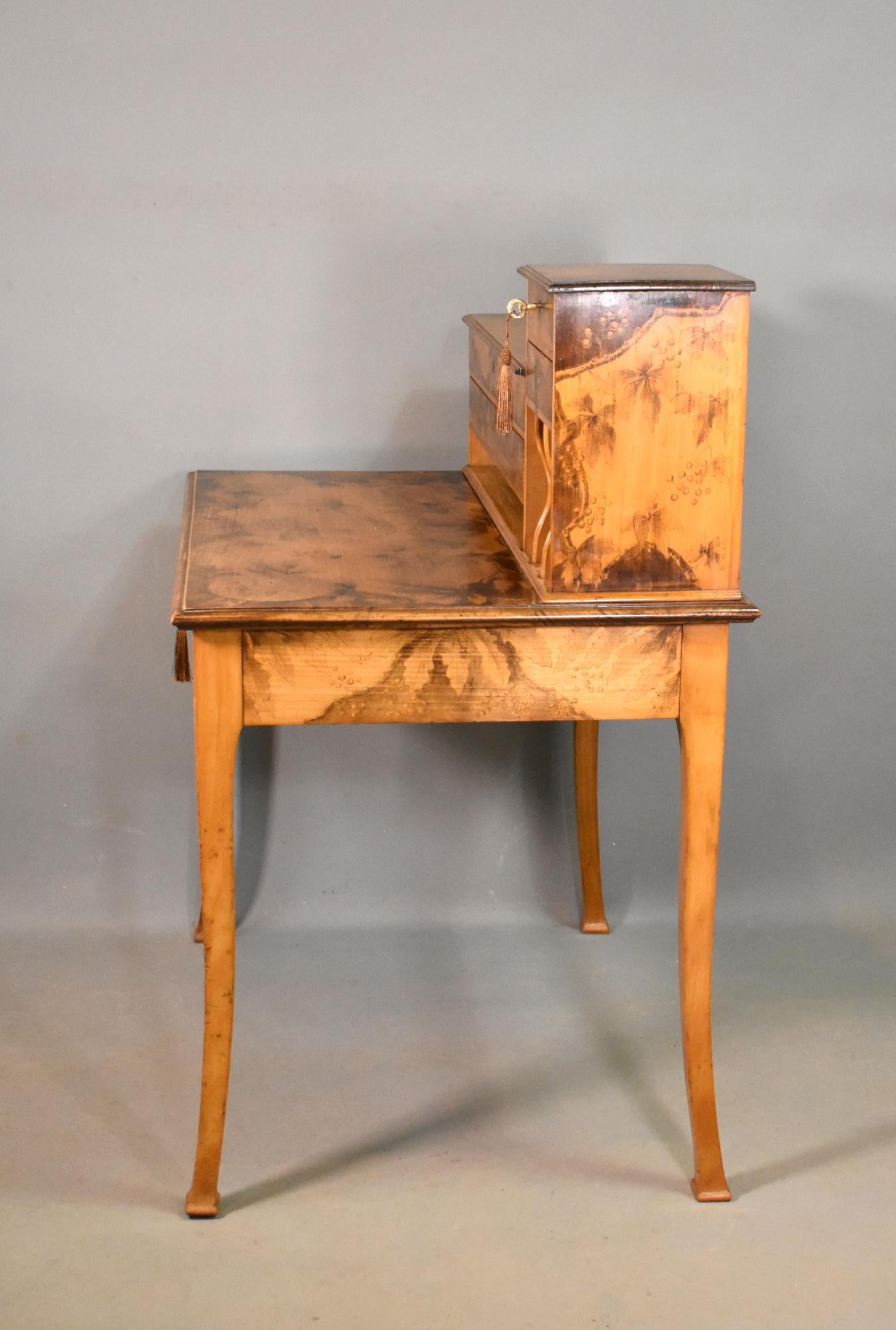 Art Nouveau Tiered Pyrography Etched Desk For Sale 7