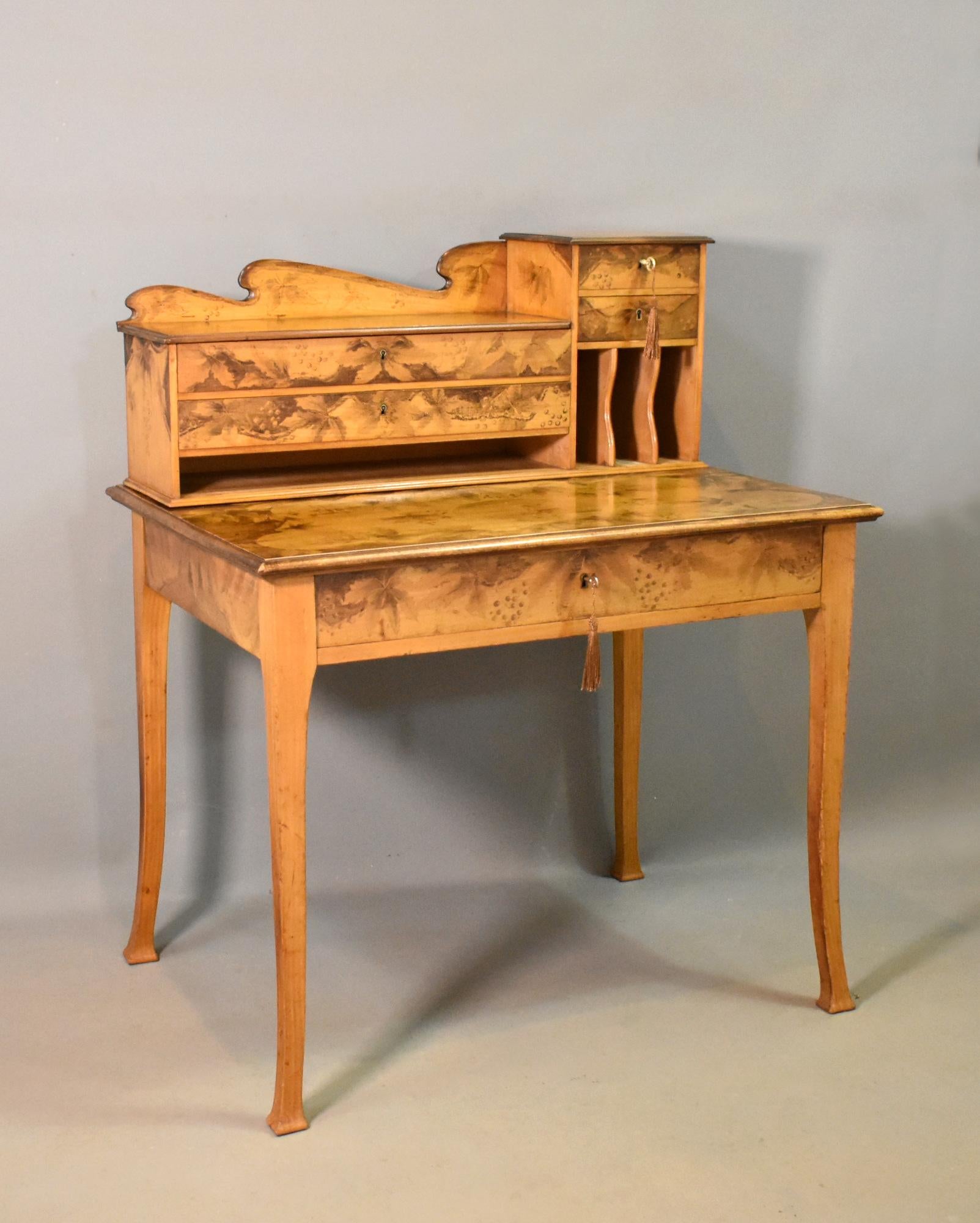 French Art Nouveau Tiered Pyrography Etched Desk For Sale