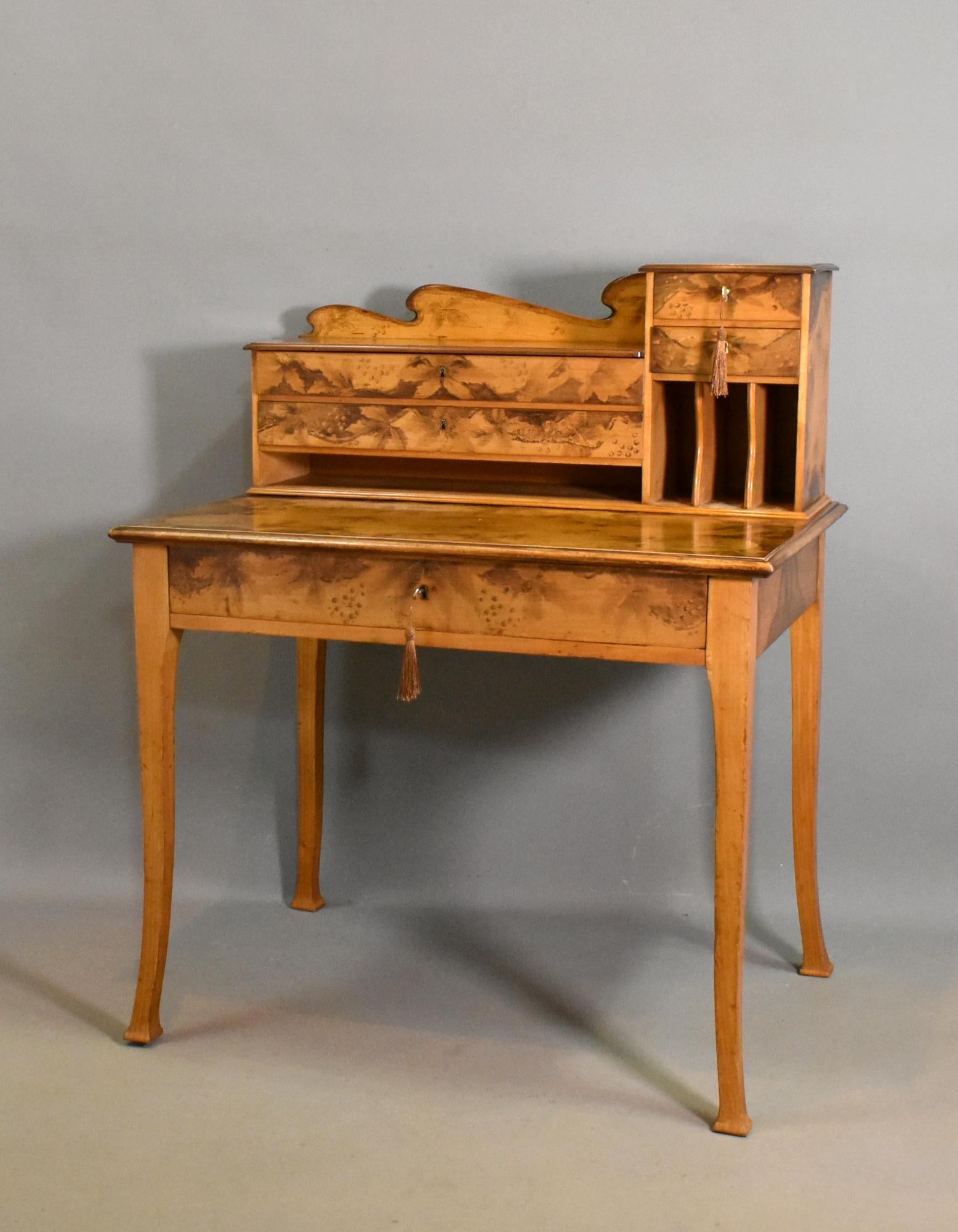 Hand-Crafted Art Nouveau Tiered Pyrography Etched Desk For Sale