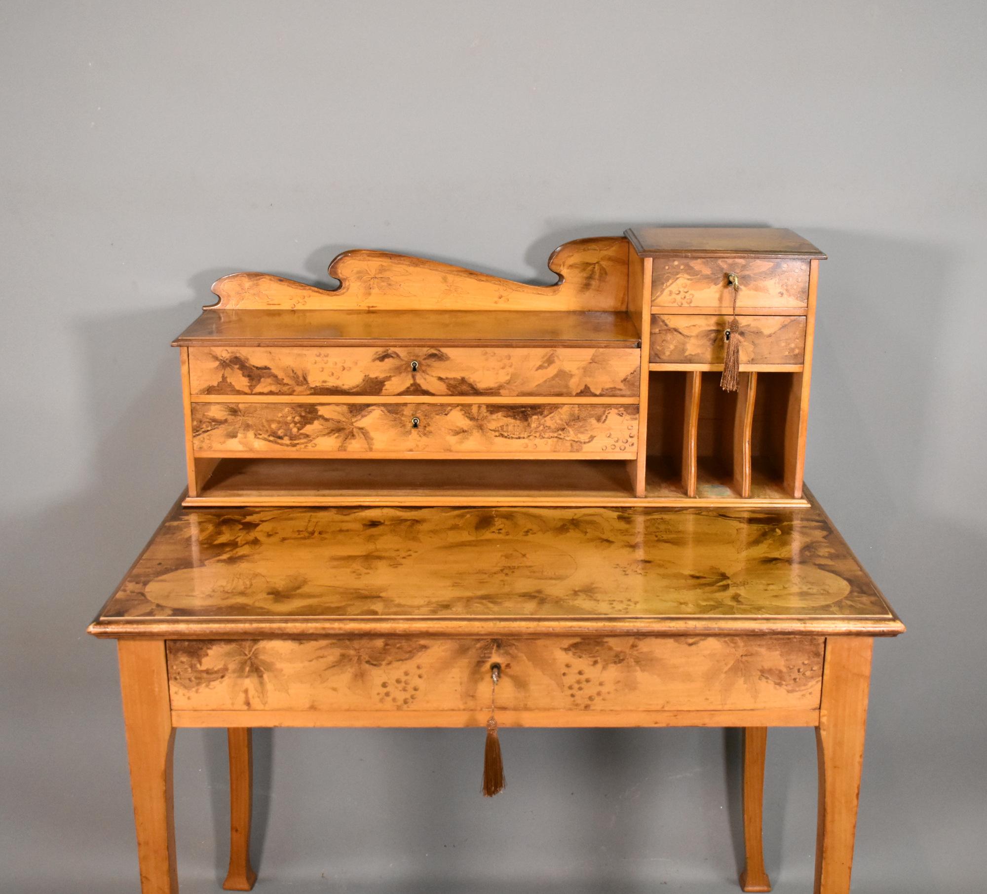 19th Century Art Nouveau Tiered Pyrography Etched Desk For Sale
