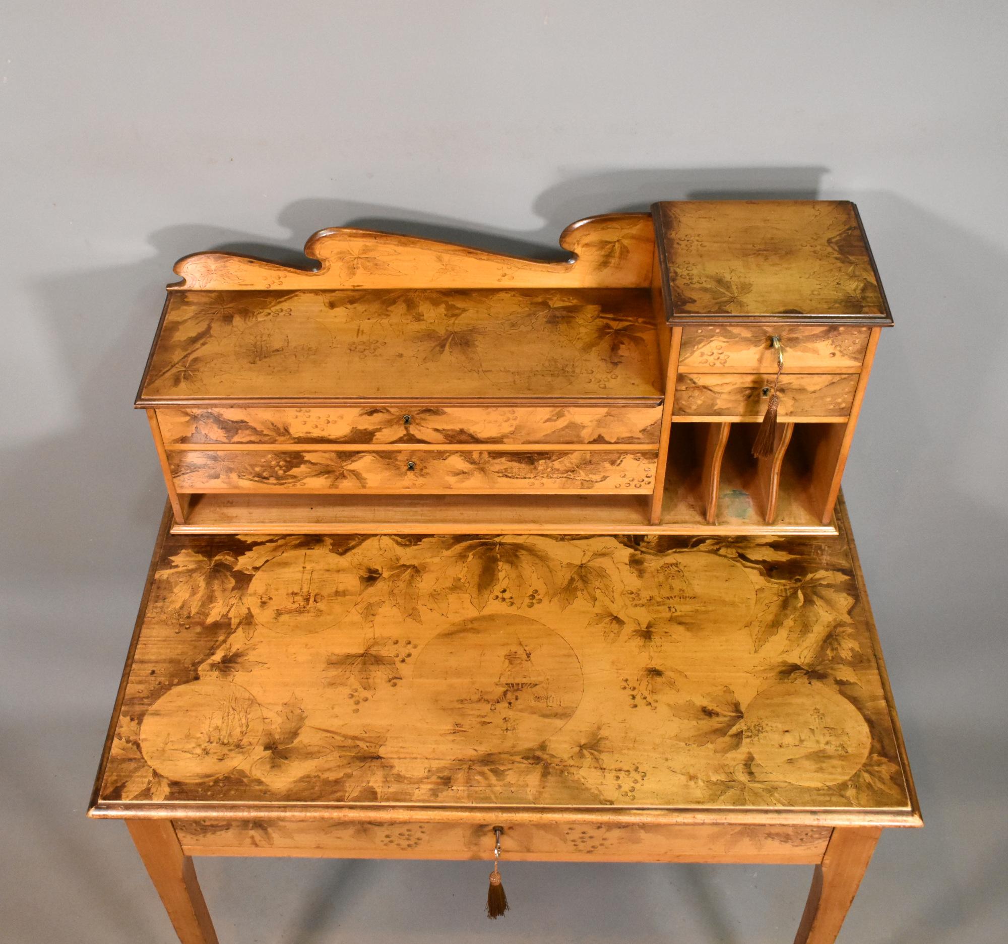Beech Art Nouveau Tiered Pyrography Etched Desk For Sale