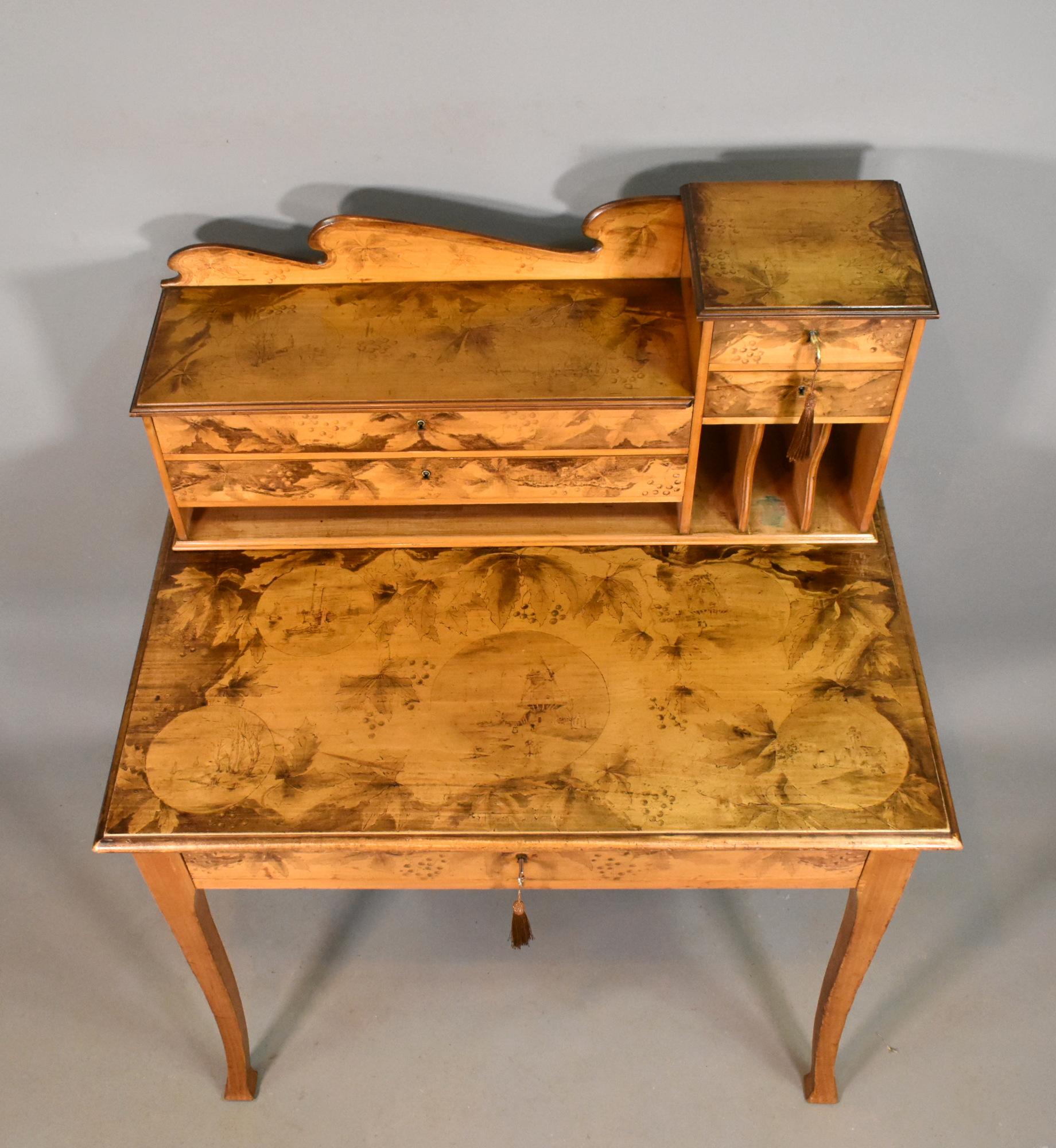Art Nouveau Tiered Pyrography Etched Desk For Sale 1