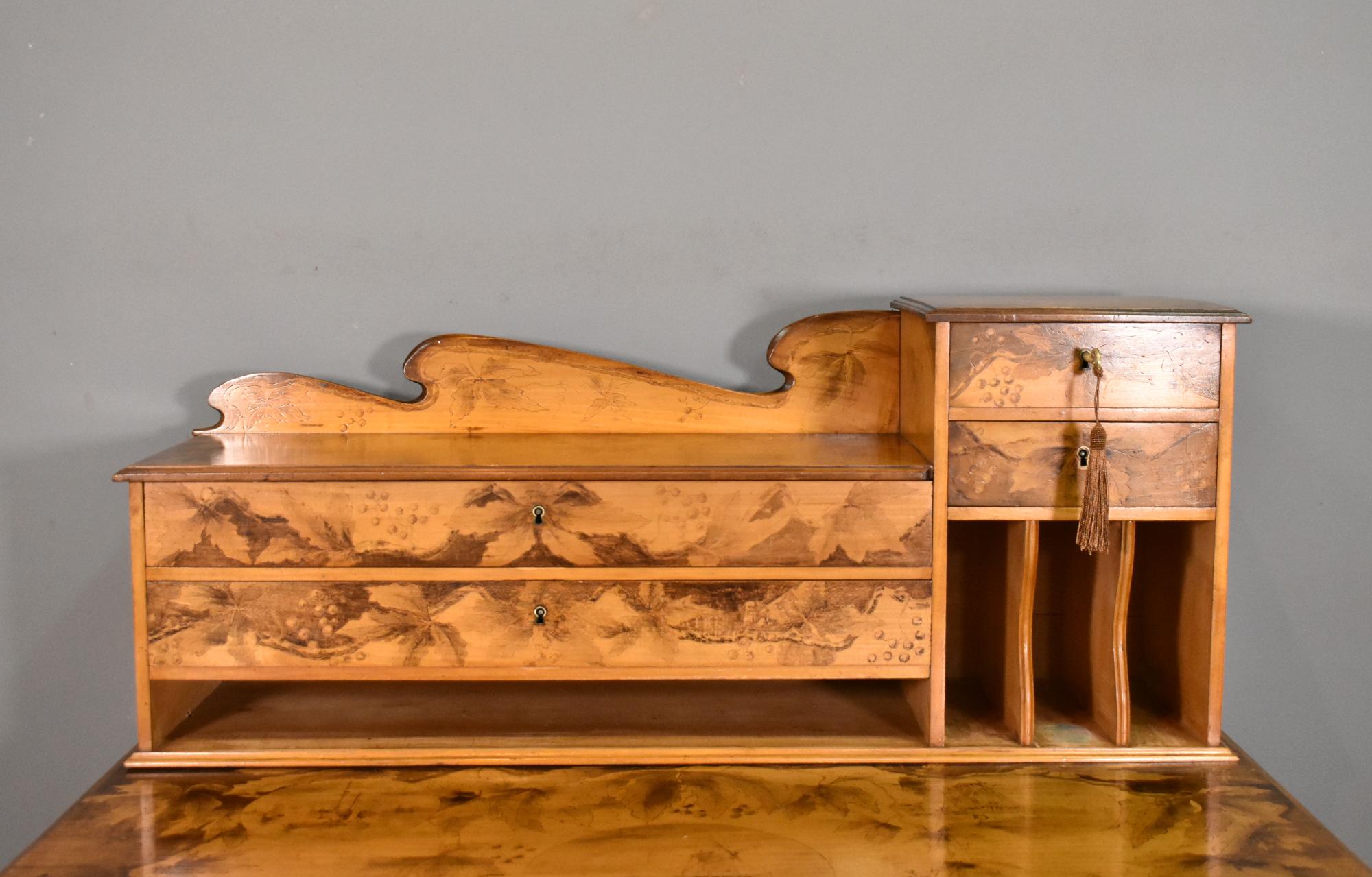 Art Nouveau Tiered Pyrography Etched Desk For Sale 2
