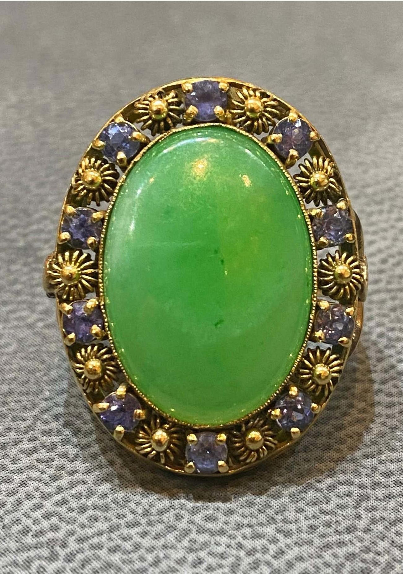 Art Nouveau Tiffany & Co Cabochon Jade & Sapphire Ring For Sale 1
