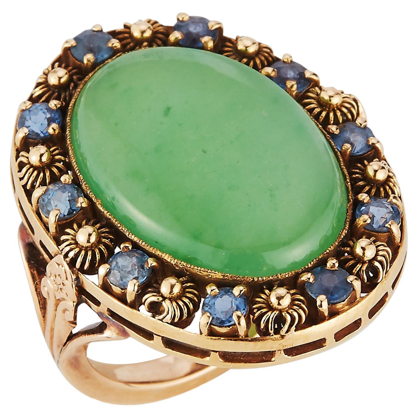 Art Nouveau Tiffany & Co Cabochon Jade & Sapphire Ring For Sale