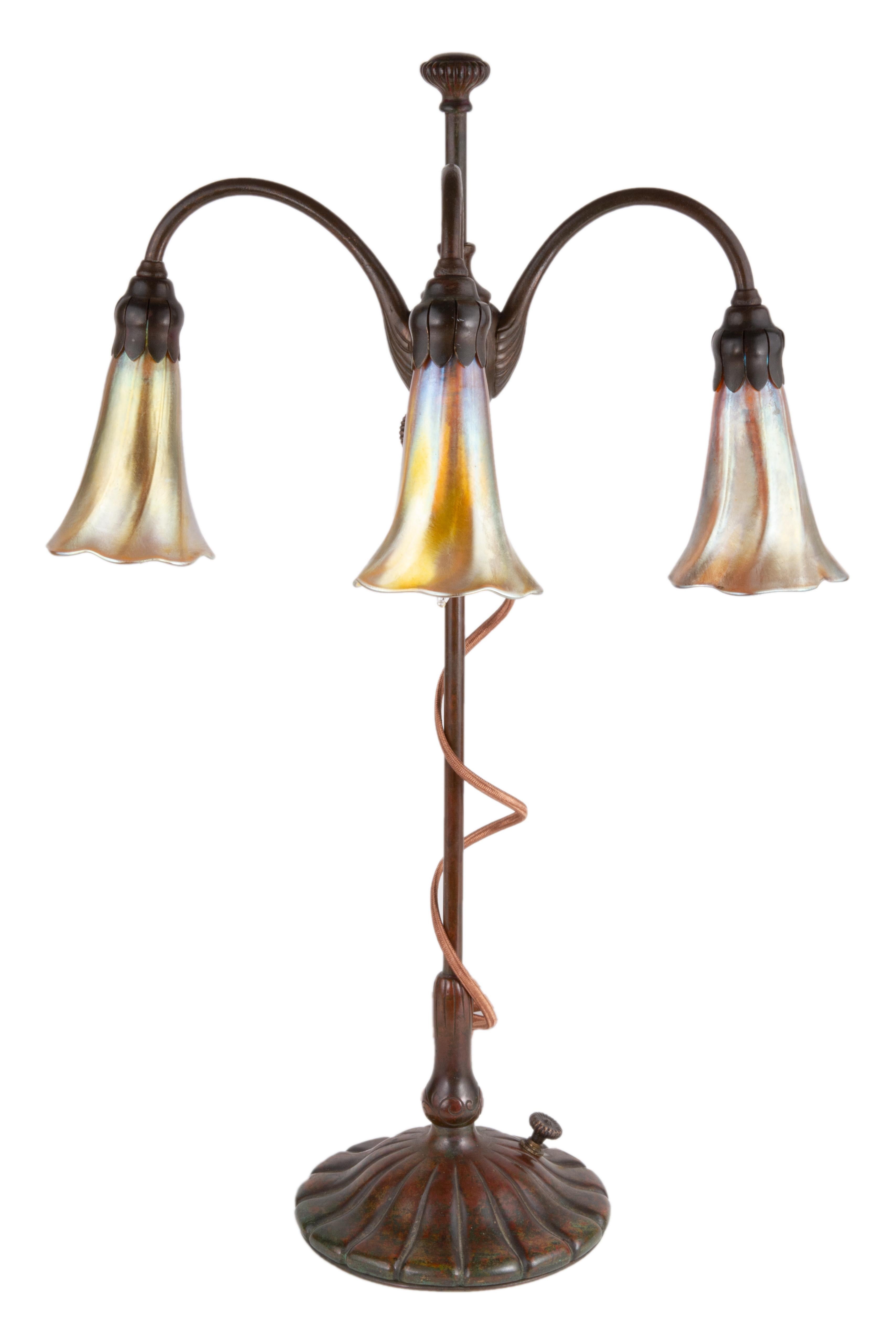 American Art Nouveau Tiffany Favrile Three-Light Lily Table Lamp by Tiffany Studios