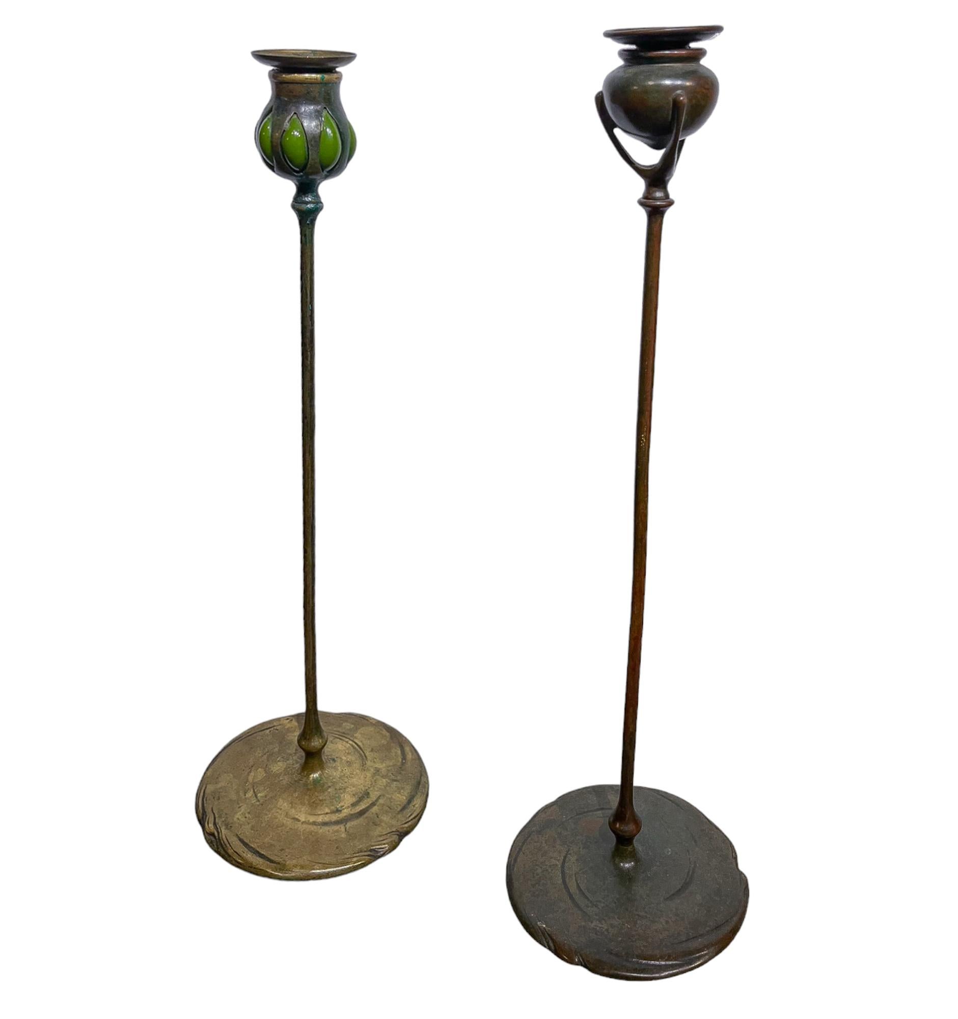  Art Nouveau Tiffany Patinated-Bronze Candlesticks In Good Condition In New York, NY