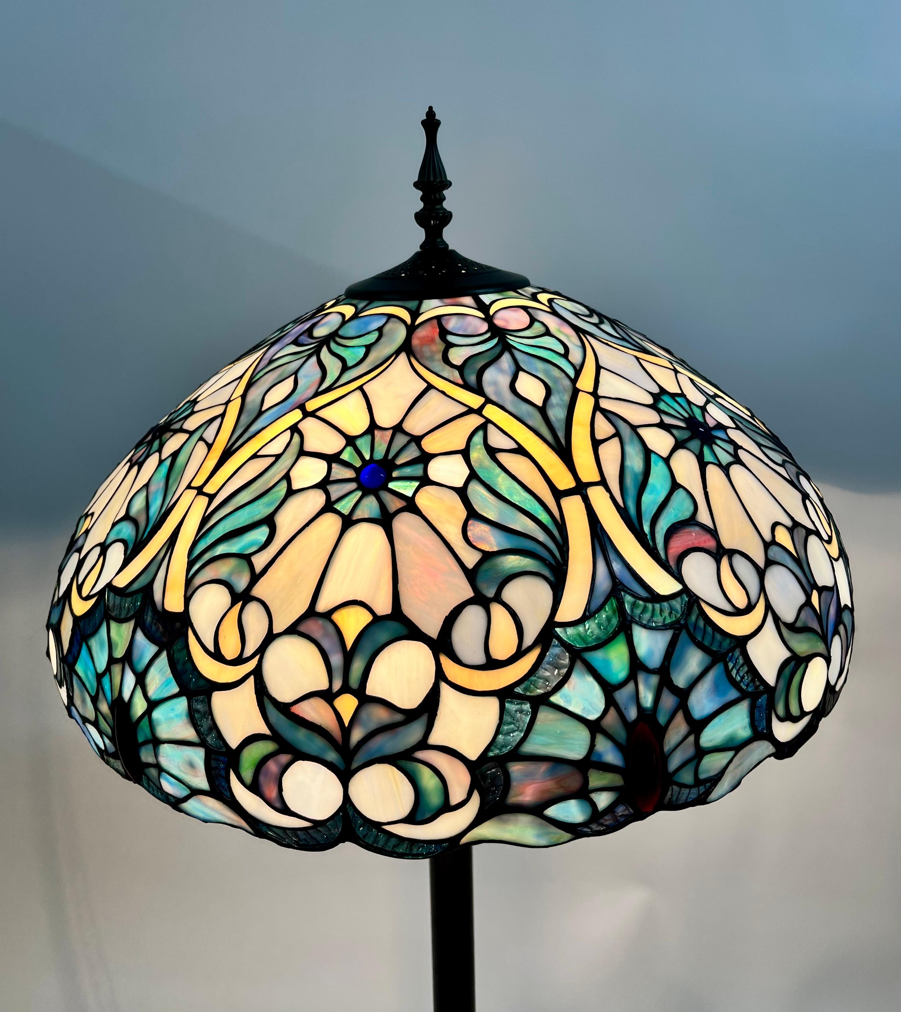 North American Art Nouveau Tiffany Sale Blue Stained Glass Dome Shaped Shade Floor Lamp For Sale