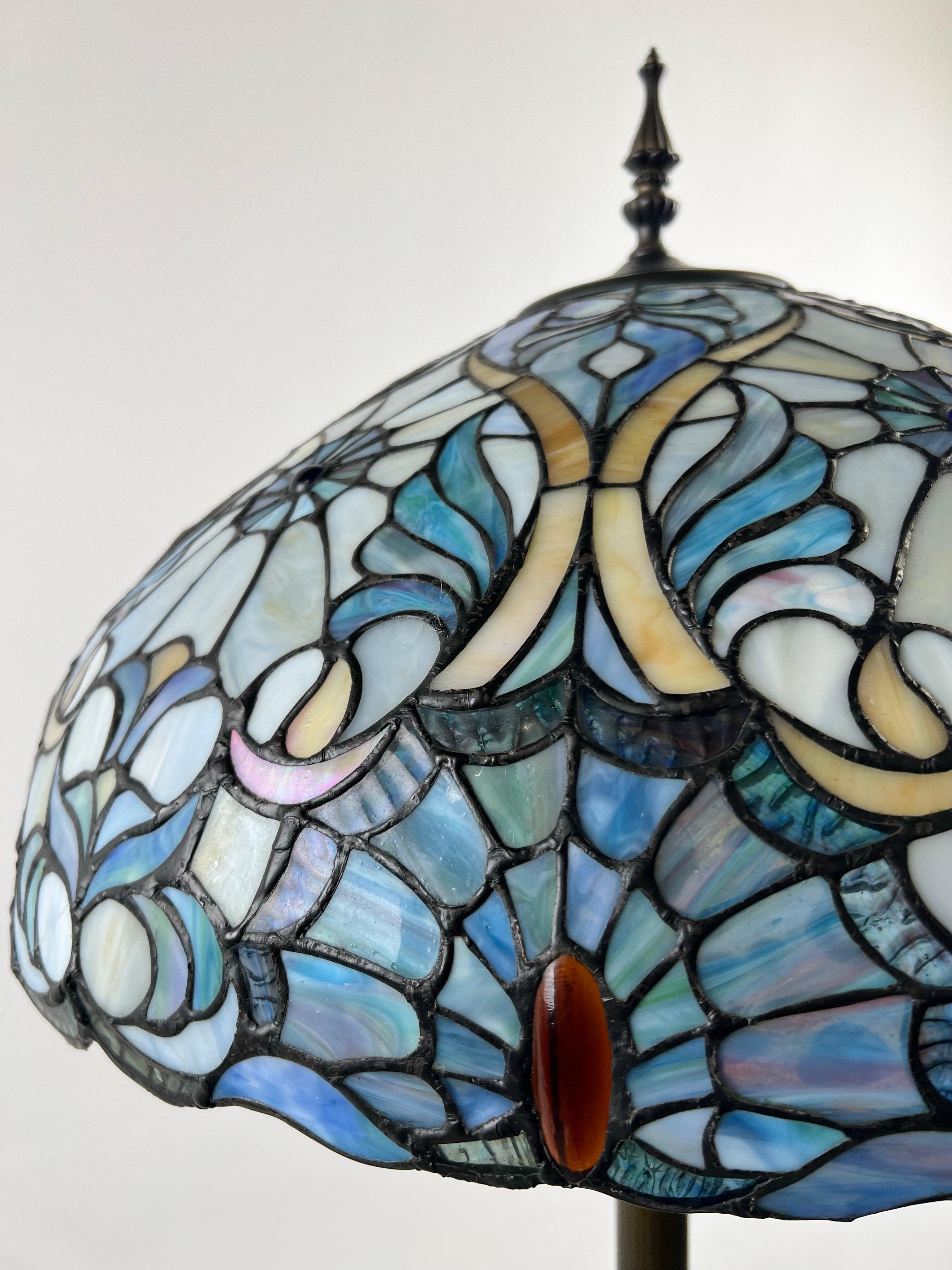 20th Century Art Nouveau Tiffany Sale Blue Stained Glass Dome Shaped Shade Floor Lamp For Sale