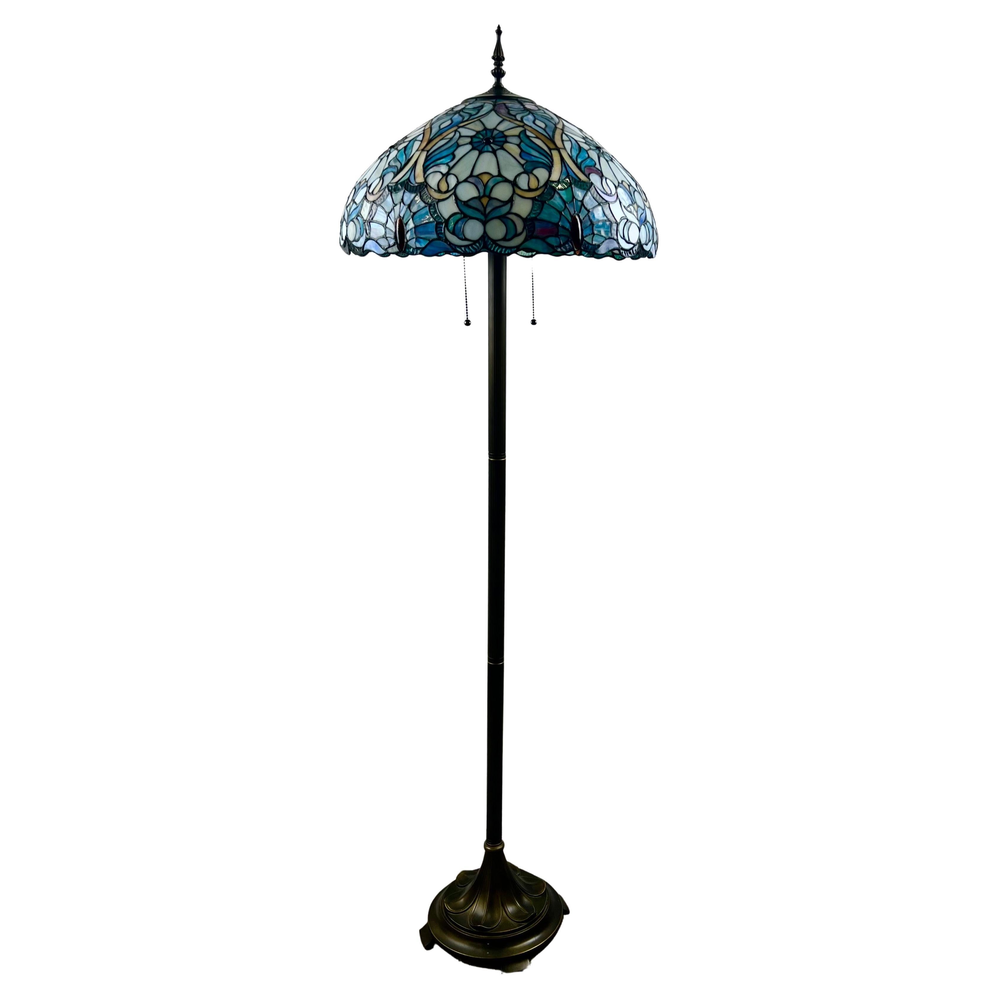 Art Nouveau Tiffany Sale Blue Stained Glass Dome Shaped Shade Floor Lamp For Sale