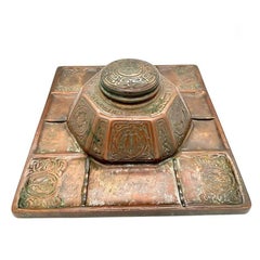 Art Nouveau Tiffany Studios Bronze "Zodiac" Pattern Inkwell on Tray #1078