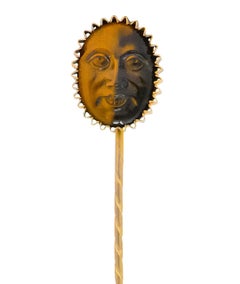 Art Nouveau Tiger's Eye 14 Karat Yellow Gold Sun Face Stickpin