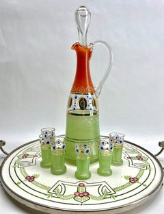 Art Nouveau Tile Panel with Florale Decoration with Carafe and 6 Shot Glasses