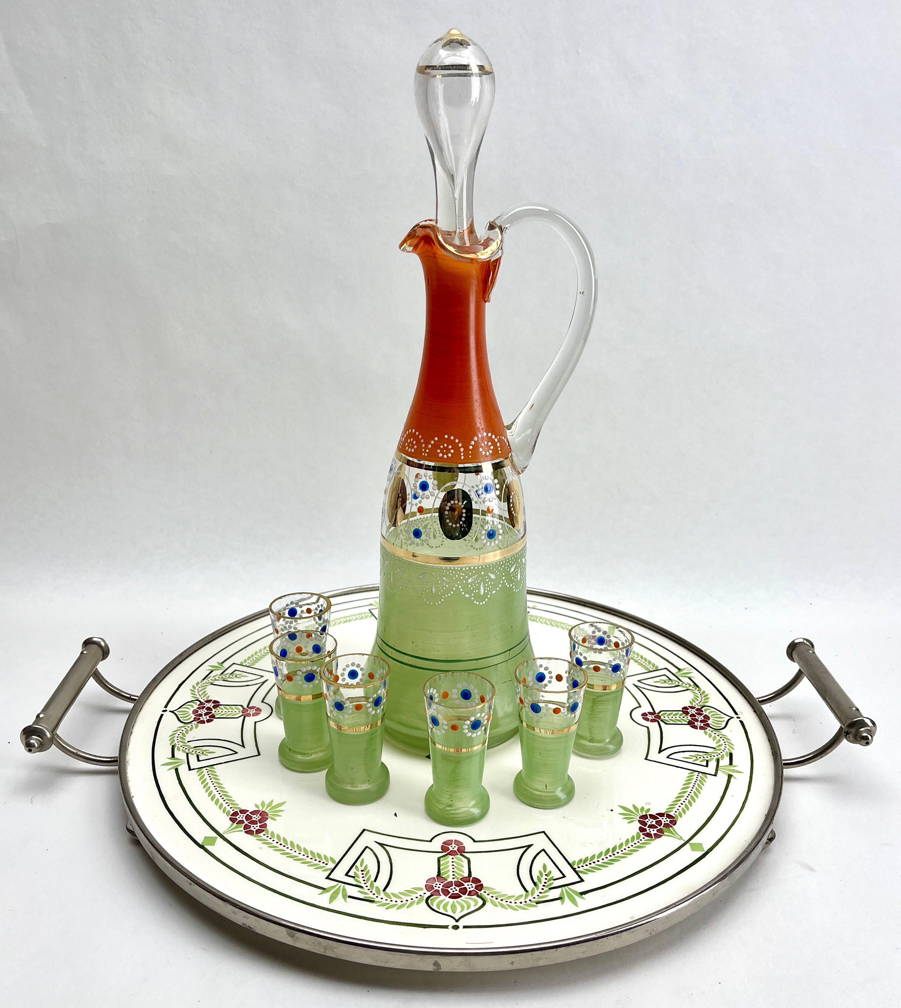 Austrian Art Nouveau Tile Panel with Florale Decoration with Carafe and 6 Shot Glasses For Sale