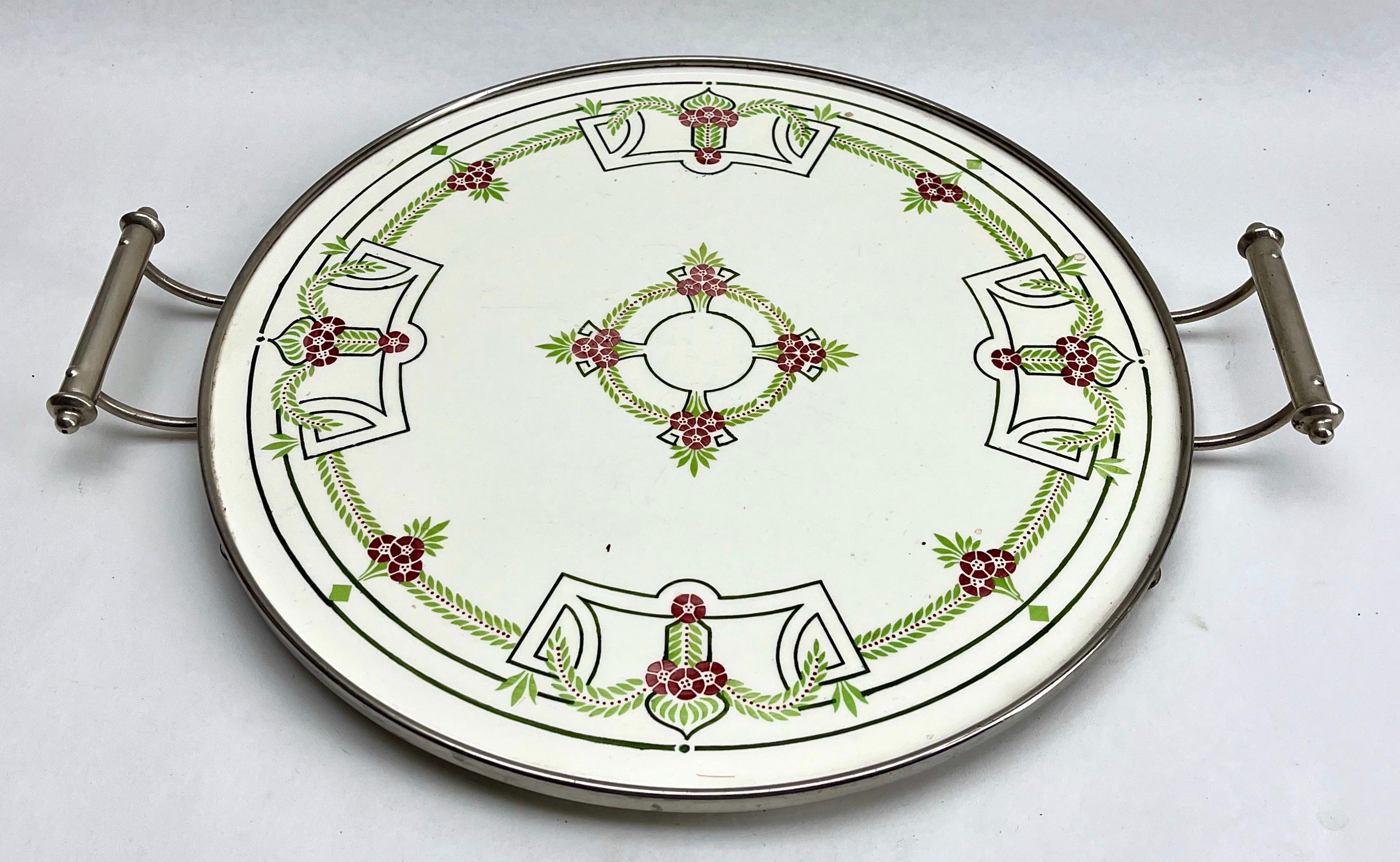 Art Nouveau Tile Panel with Florale Decoration with Carafe and 6 Shot Glasses In Good Condition For Sale In Verviers, BE