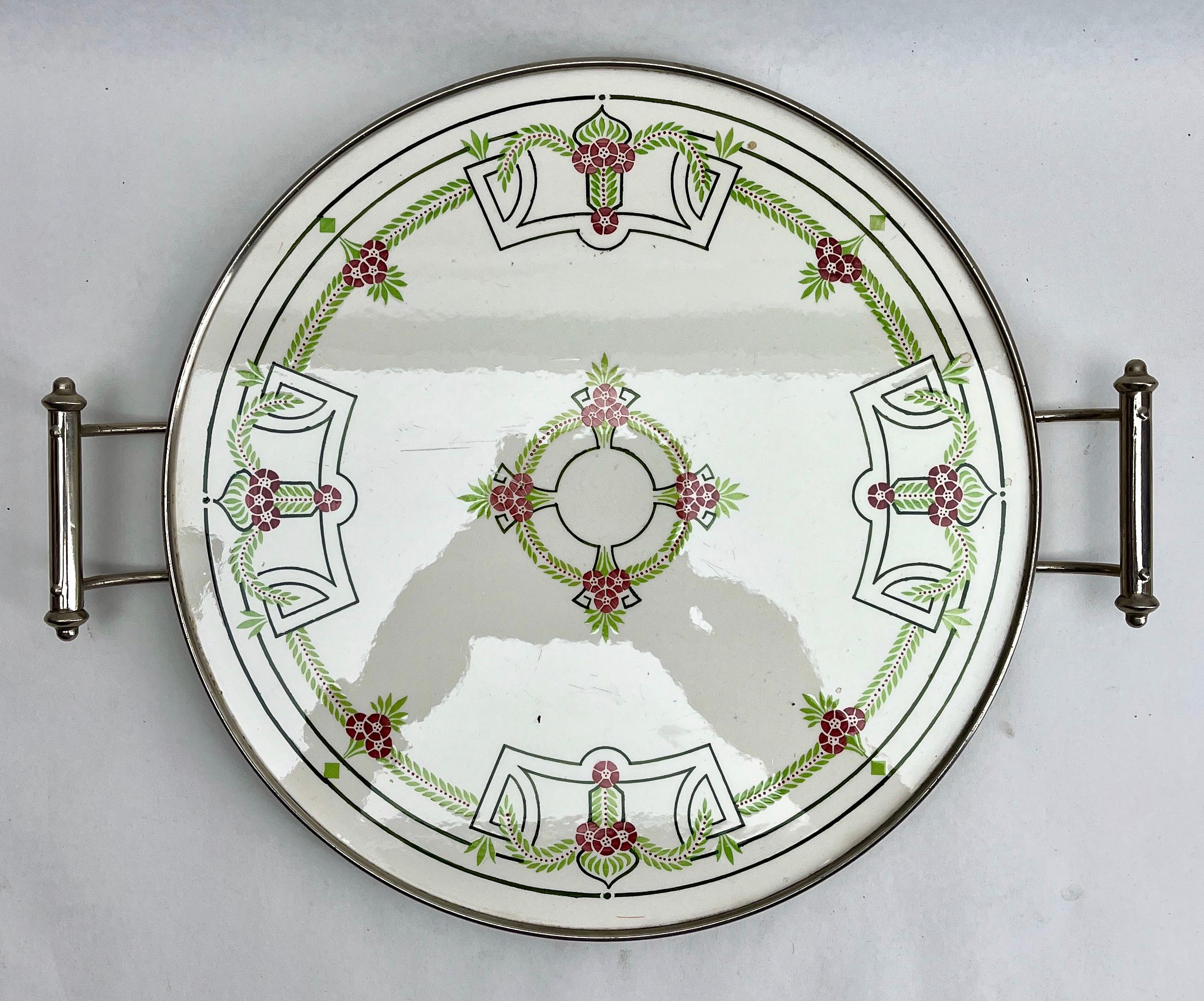 Early 20th Century Art Nouveau Tile Panel with Florale Decoration with Carafe and 6 Shot Glasses For Sale