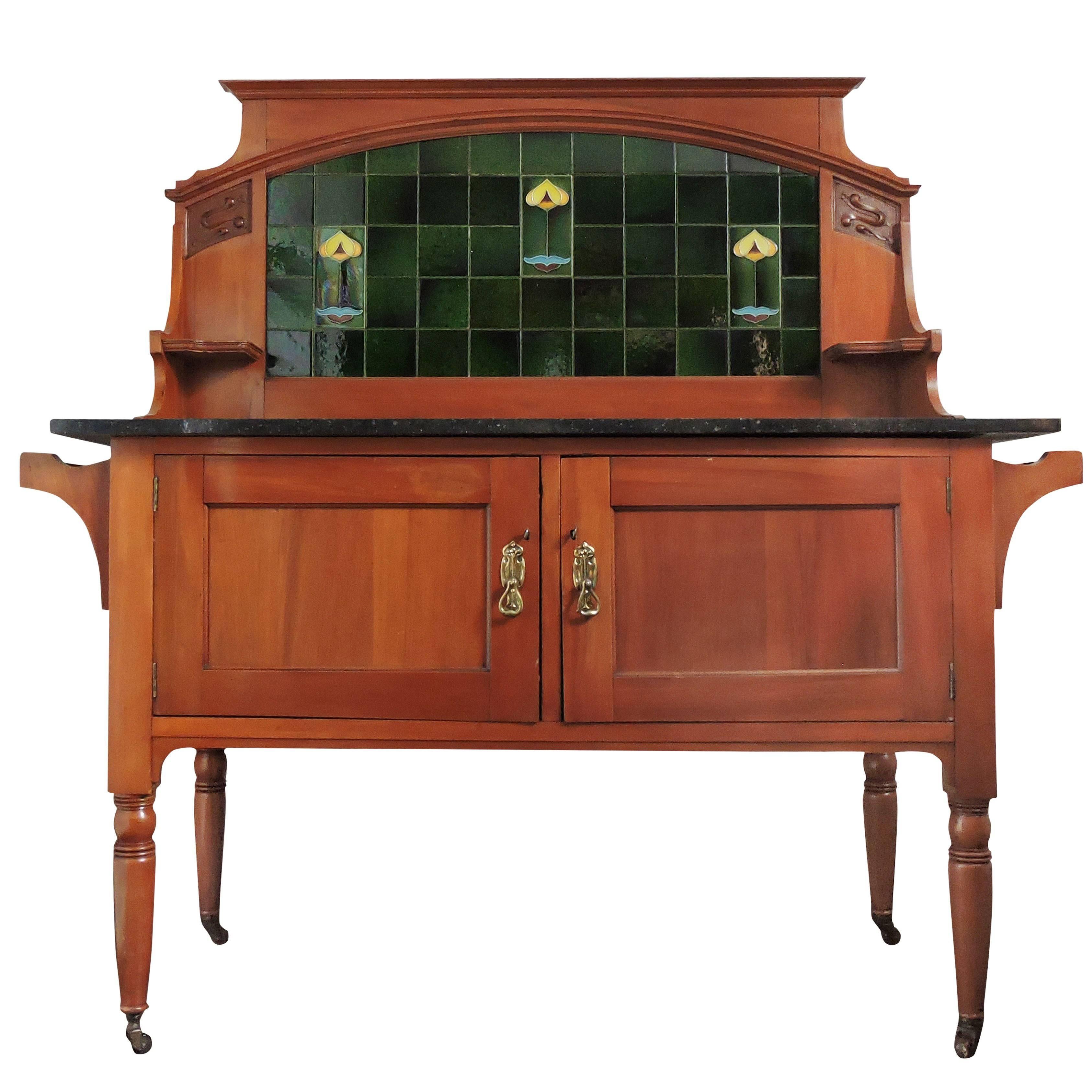 Art Nouveau Tiled Walnut and Marble Washstand
