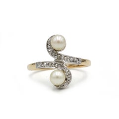 Art Nouveau Toi et Moi Pearl and Rose-Cut Diamond Ring in 18K Gold & Platinum
