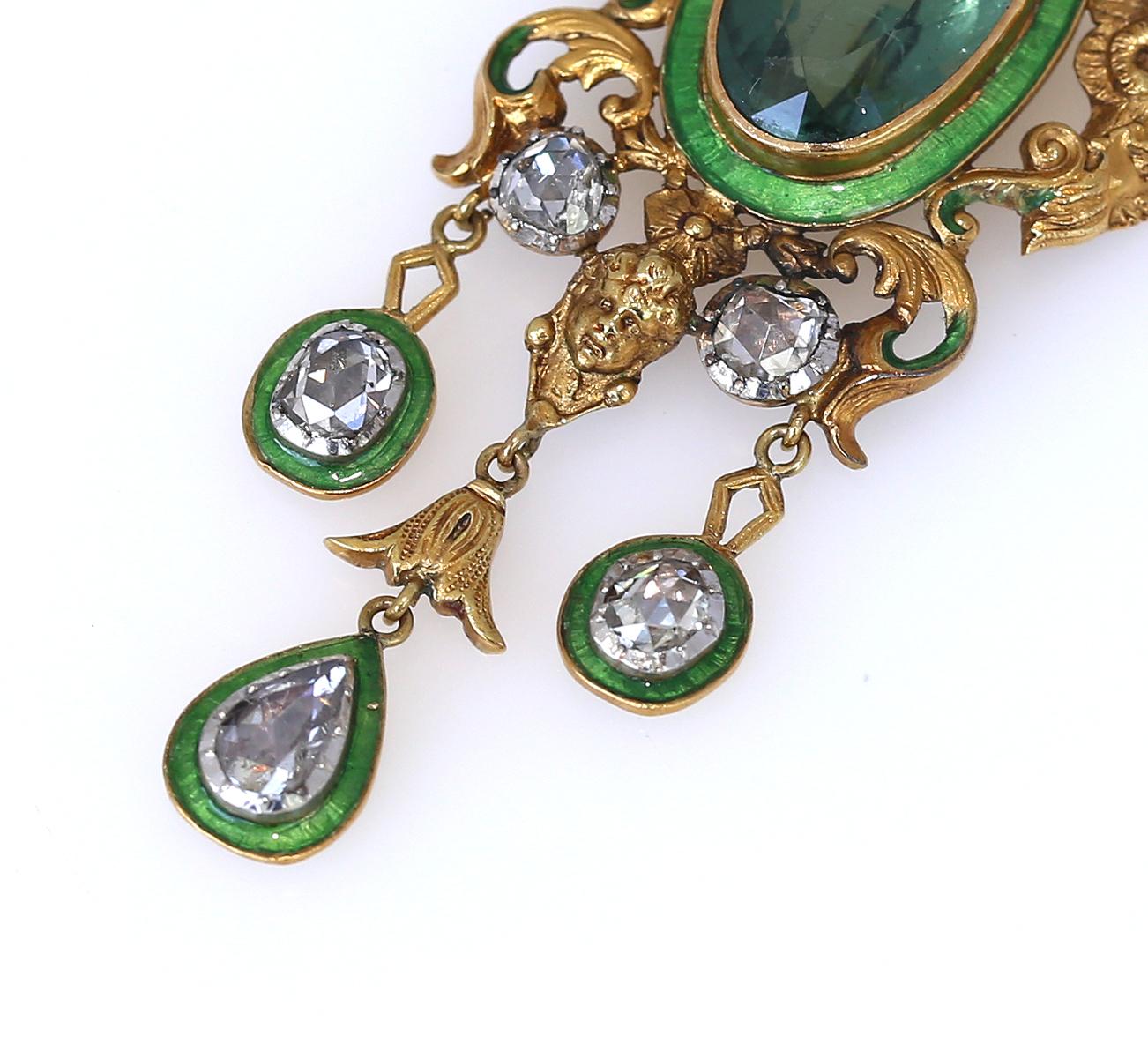 Art Nouveau Tourmaline Enamel Diamonds Yellow Gold Pendant, 1890 In Fair Condition For Sale In Herzelia, Tel Aviv