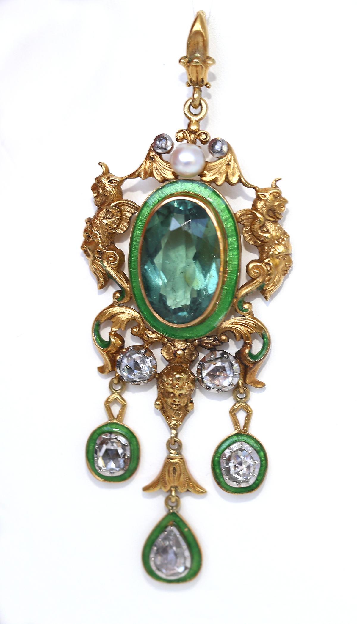 Art Nouveau Tourmaline Enamel Diamonds Yellow Gold Pendant, 1890 For Sale 1