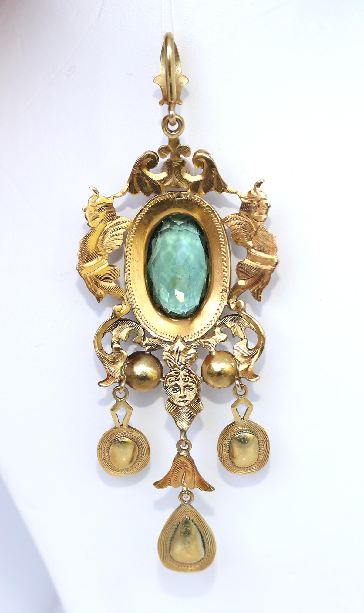 Art Nouveau Tourmaline Enamel Diamonds Yellow Gold Pendant, 1890 For Sale 2