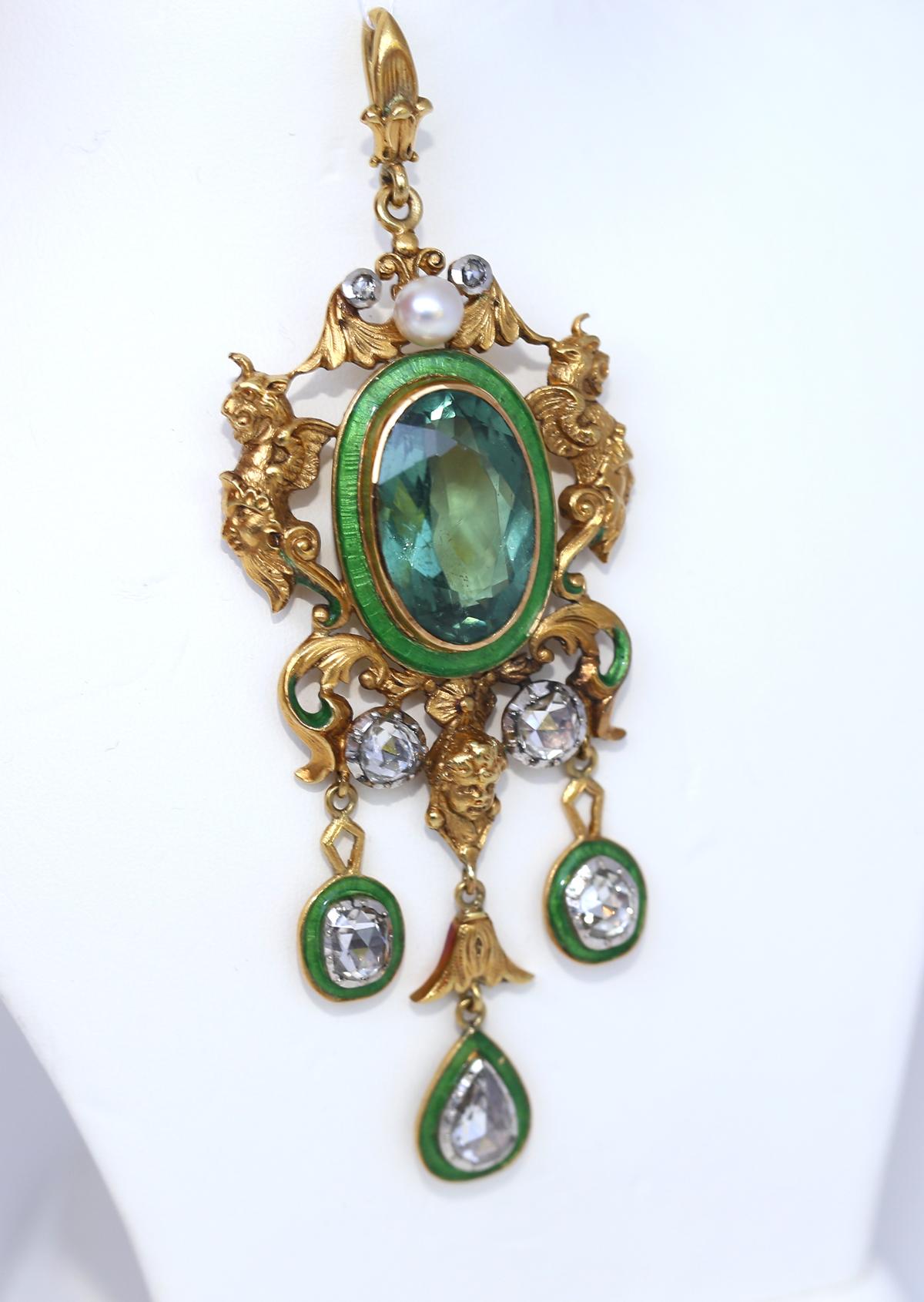 Jugendstil-Anhänger mit Turmalin, Emaille und Diamanten aus Gelbgold, 1890 im Angebot 3