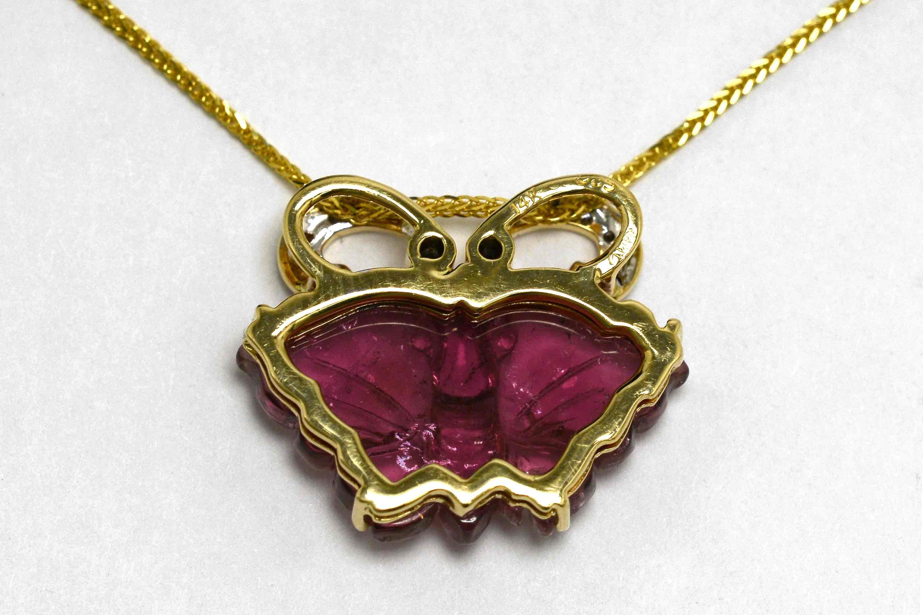 Round Cut Art Nouveau Tourmaline Rubellite Butterfly Carved Gemstone Necklace