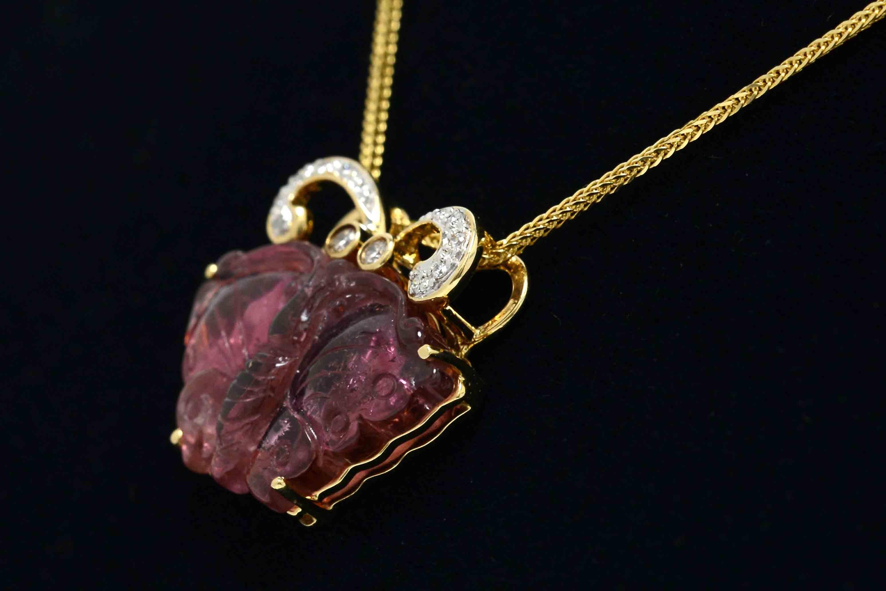 Art Nouveau Tourmaline Rubellite Butterfly Carved Gemstone Necklace In Good Condition In Santa Barbara, CA