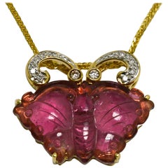 Art Nouveau Tourmaline Rubellite Butterfly Carved Gemstone Necklace