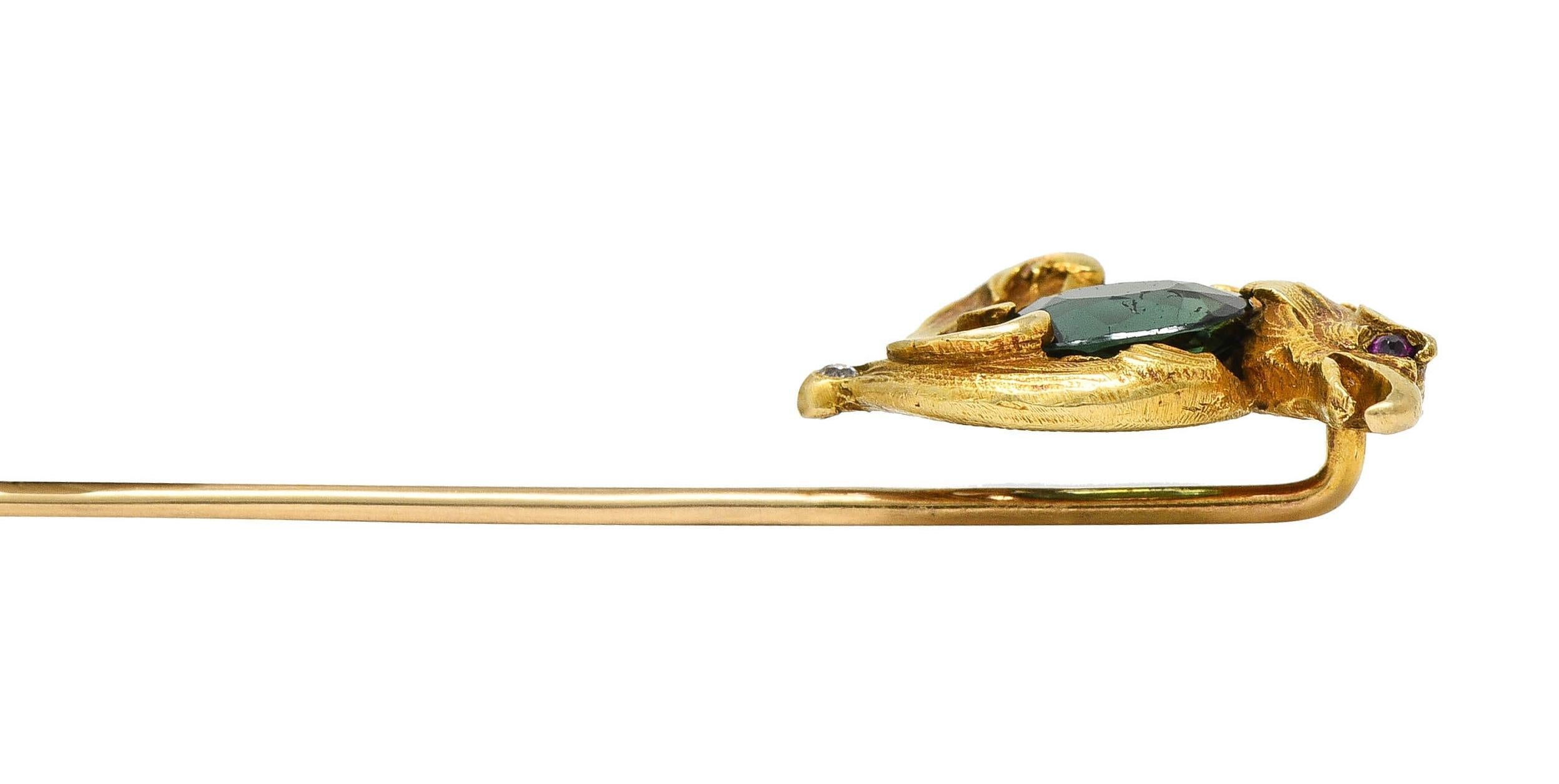 Women's or Men's Art Nouveau Tourmaline Ruby 14 Karat Yellow Gold Antique Eagle Stickpin For Sale