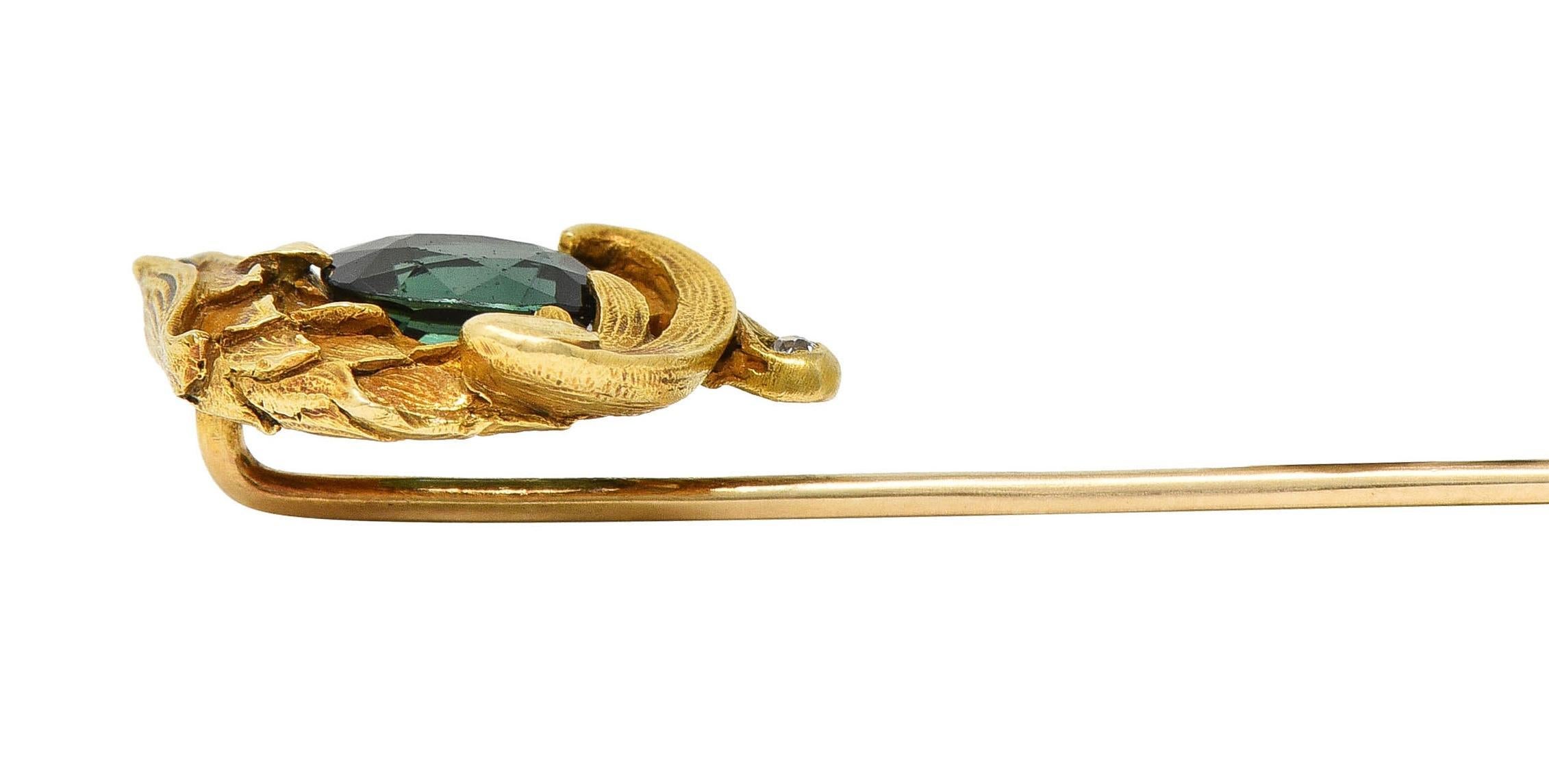 Art Nouveau Tourmaline Ruby 14 Karat Yellow Gold Antique Eagle Stickpin For Sale 1