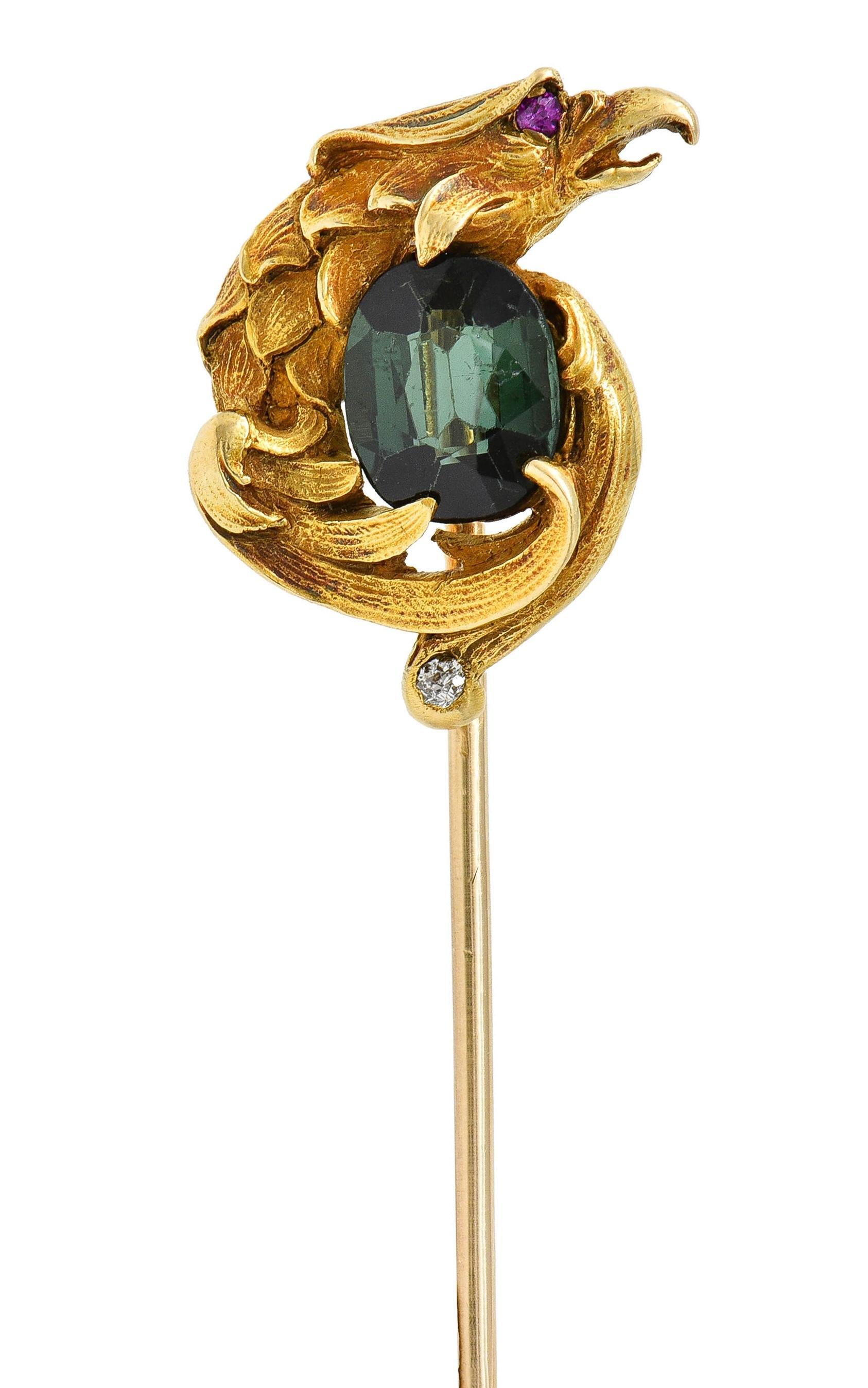 Épingle d'aigle ancienne Art Nouveau en or jaune 14 carats, tourmaline et rubis en vente 1