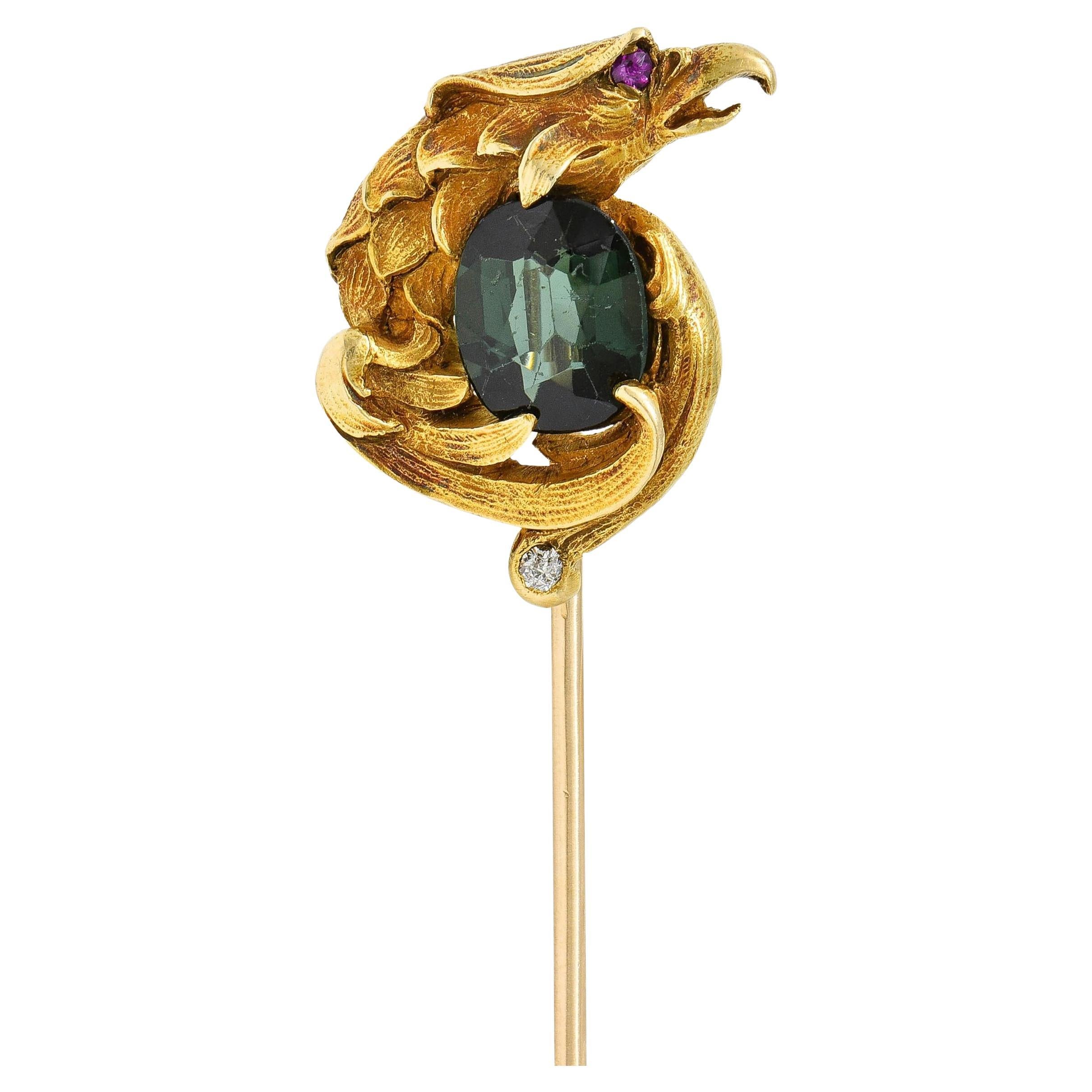 Épingle d'aigle ancienne Art Nouveau en or jaune 14 carats, tourmaline et rubis en vente