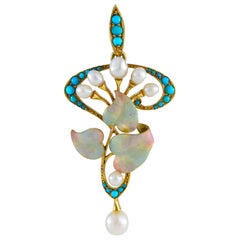 Art Nouveau Translucent Enamel, Natural Pearl and Turquoise Pendant
