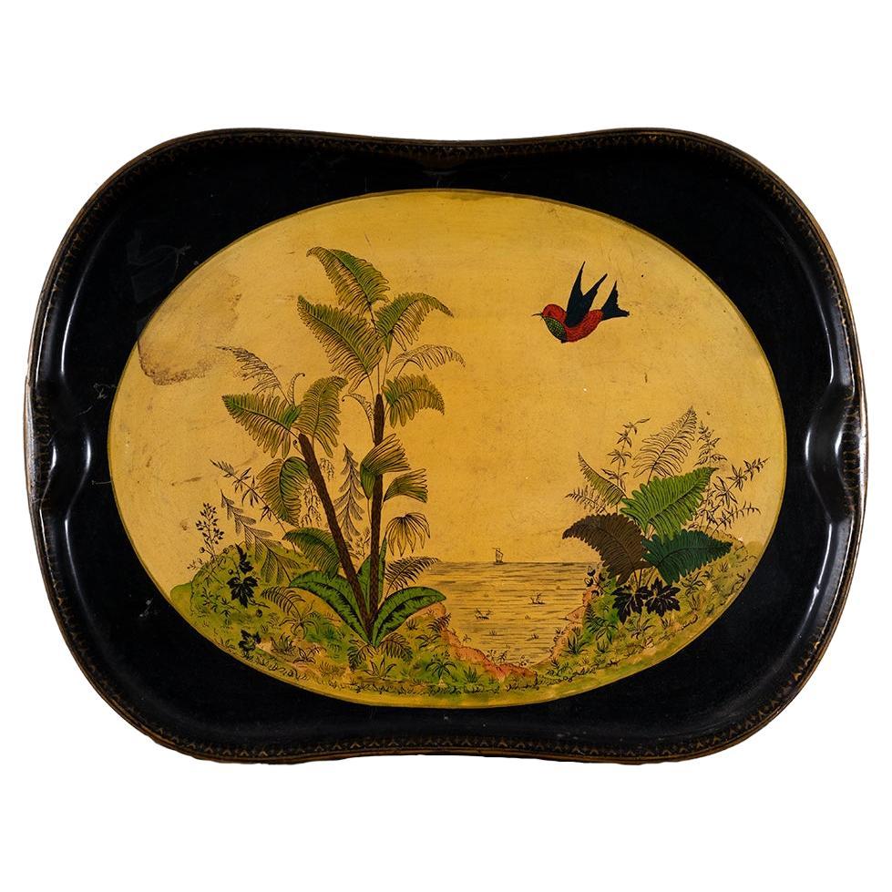 Vassoio Art Nouveau, metallo inciso, scena orientale, 1900
