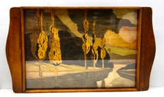 Plateau Art nouveau recouvert de panneaux de bois, décoré de verre et de paysage
