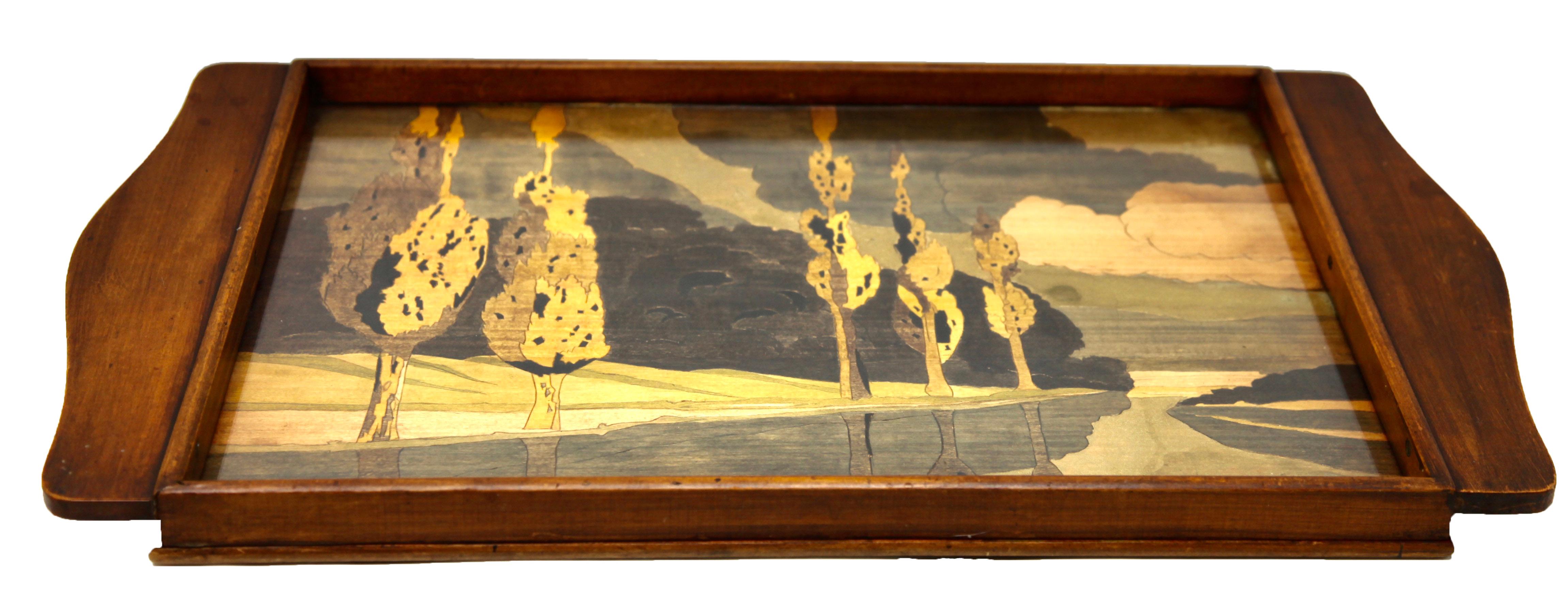 Jugendstil-Tablett mit Holzplattenbedeckung mit Glas- und Landschaftsdekoration im Zustand „Gut“ im Angebot in Verviers, BE