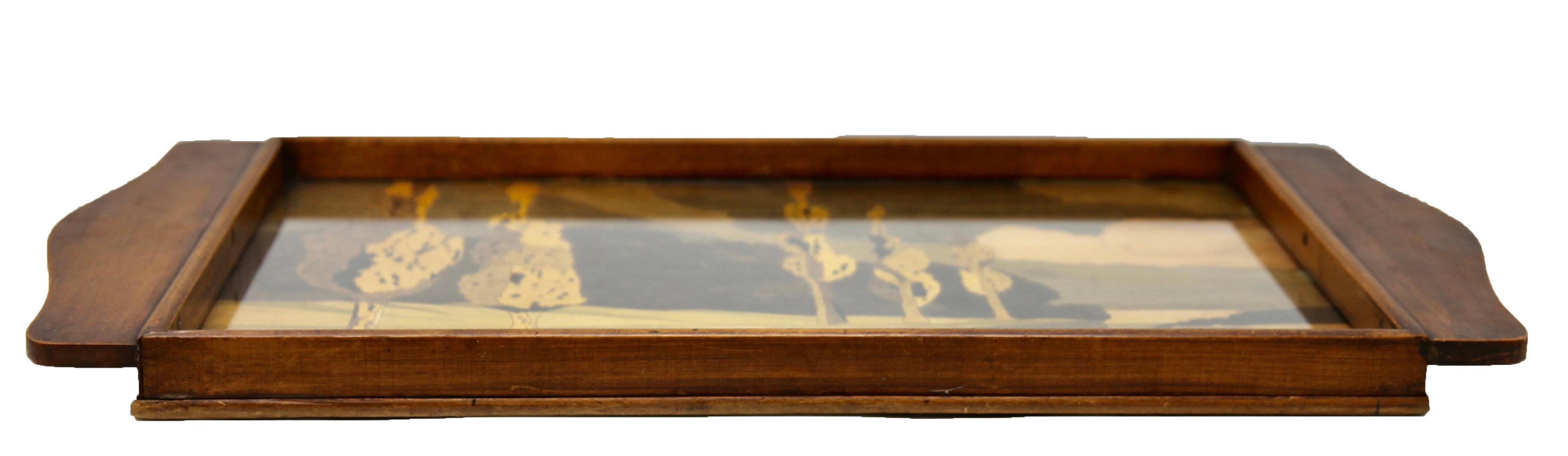 Jugendstil-Tablett mit Holzplattenbedeckung mit Glas- und Landschaftsdekoration (Obstholz) im Angebot