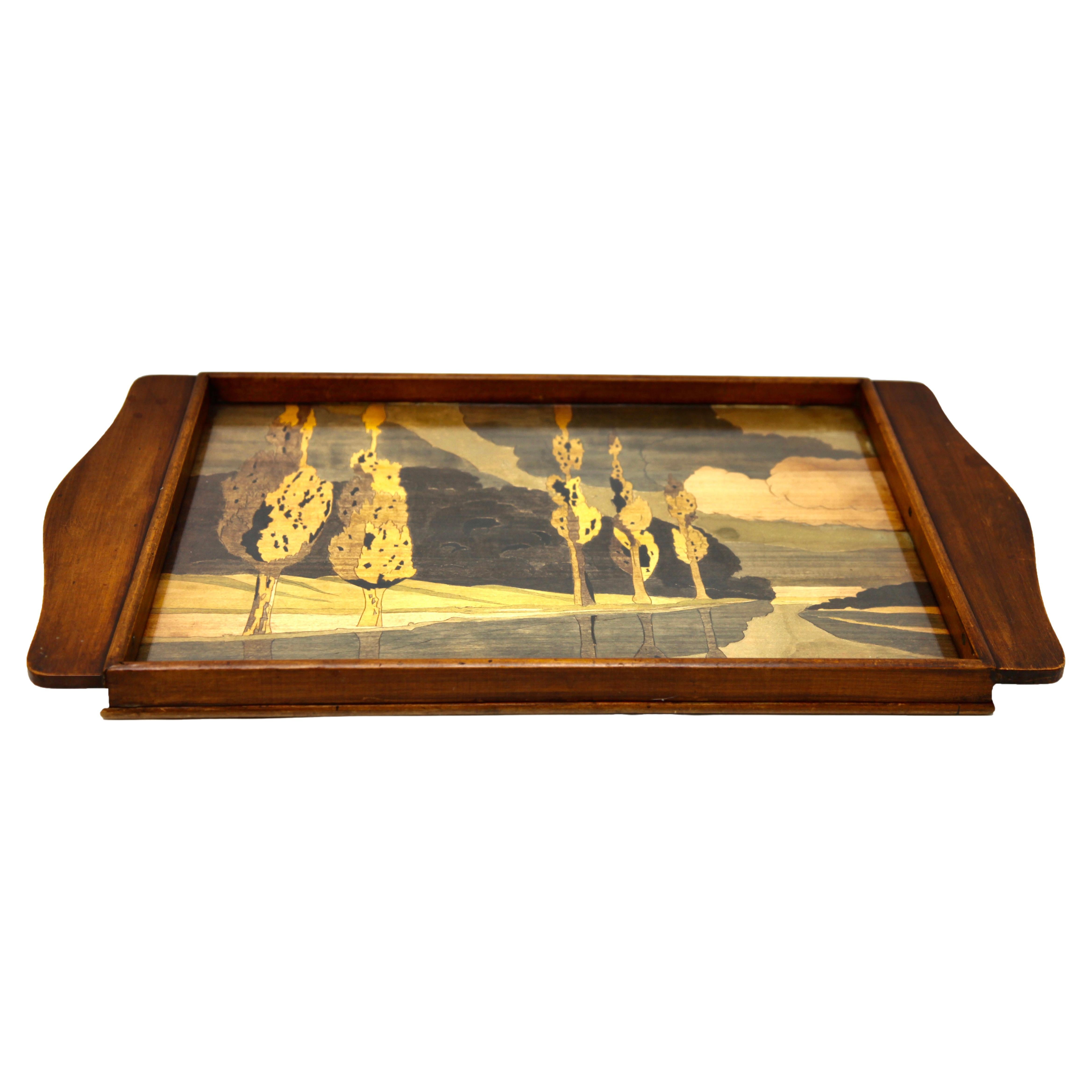 Jugendstil-Tablett mit Holzplattenbedeckung mit Glas- und Landschaftsdekoration im Angebot