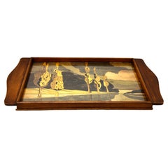 Art Nouveau Tray with Wood Panel Covert with Glass and Landscape Decoration