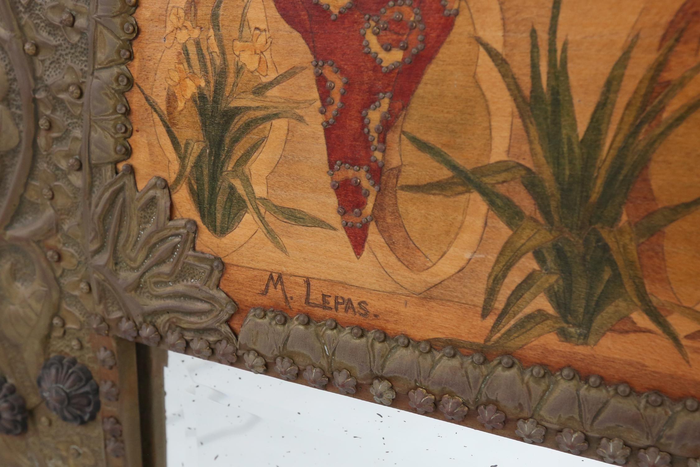 Art Nouveau triptych, mirror and 2 panels, painted wood marquetry, France 1910 3