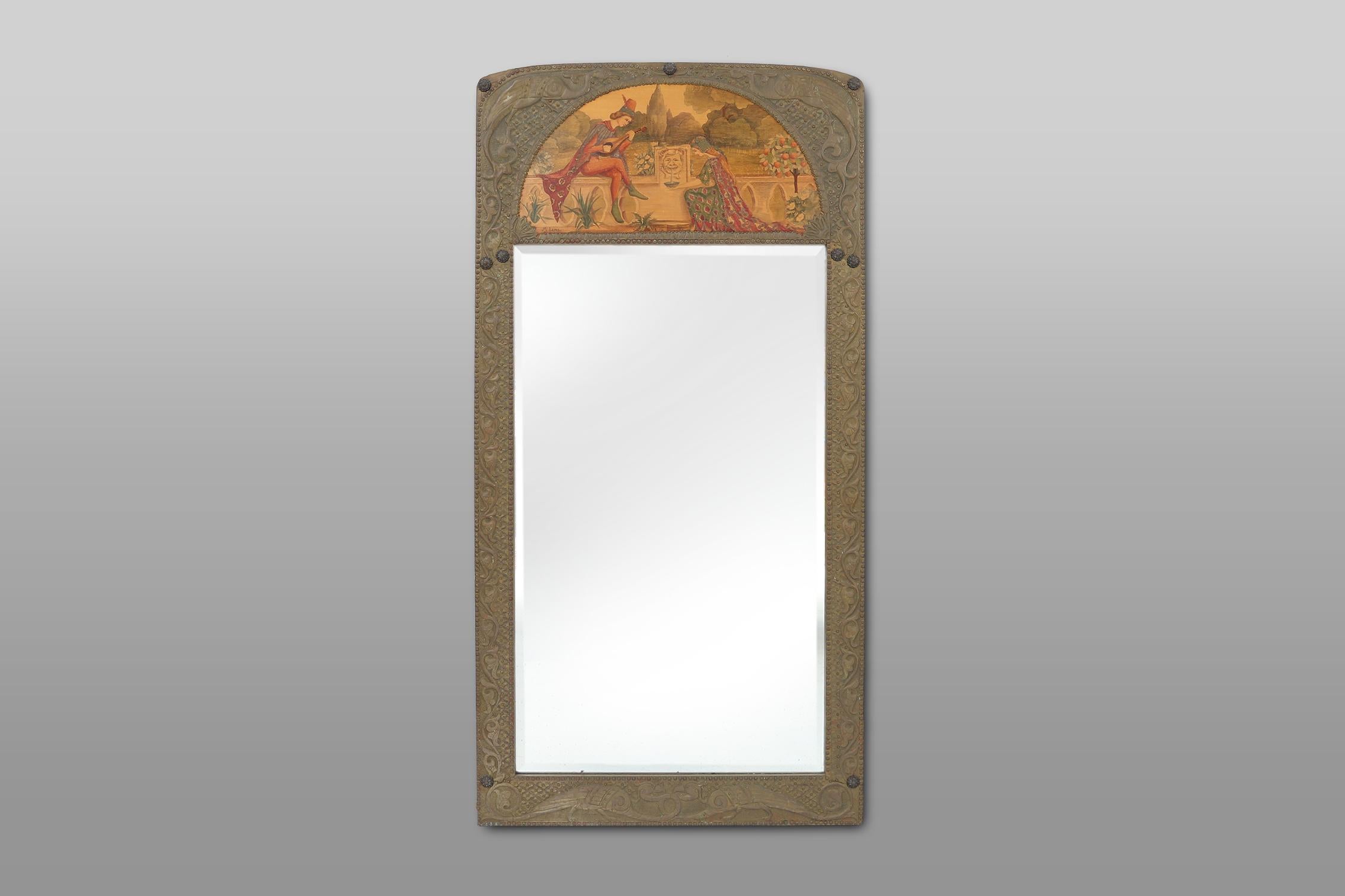 Art Nouveau triptych, mirror and 2 panels, painted wood marquetry, France 1910 5