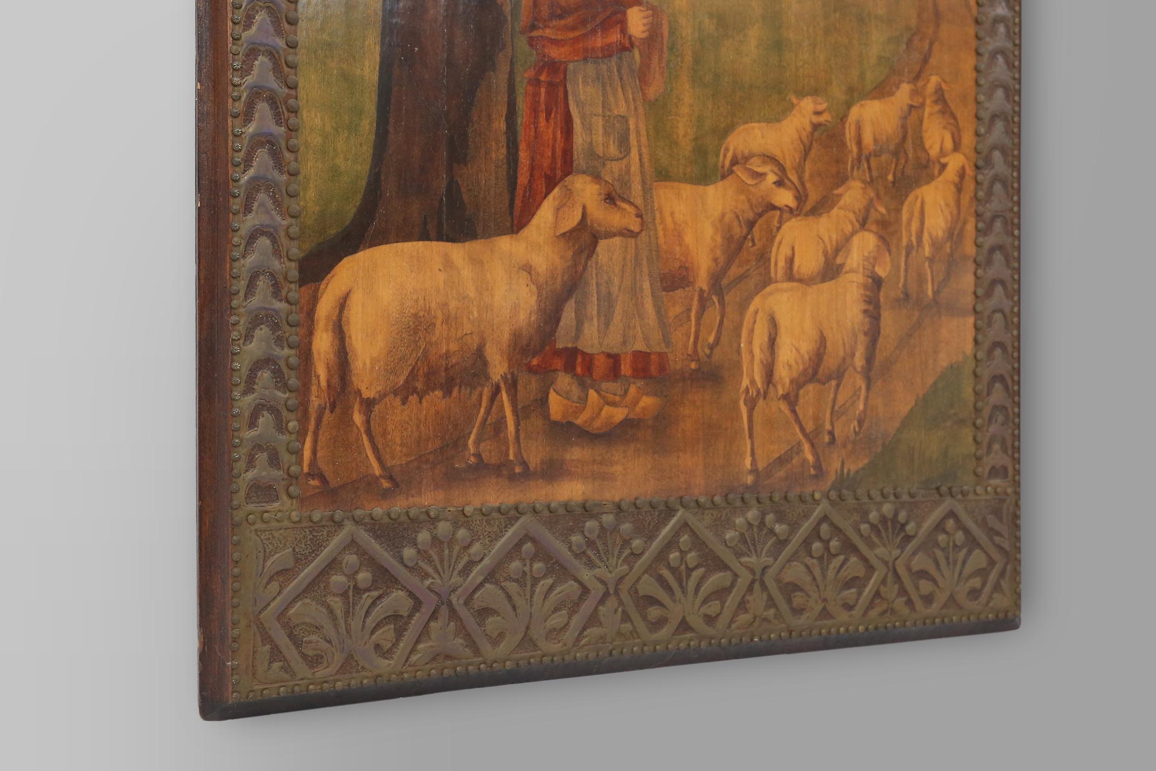 Art Nouveau triptych, mirror and 2 panels, painted wood marquetry, France 1910 7